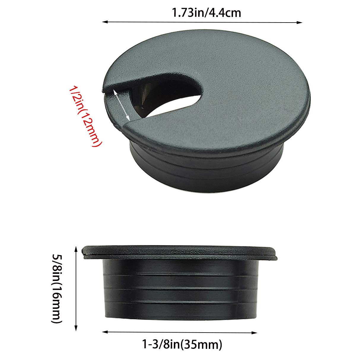 6-Pack 1-3/8 Inch Black Plastic Desk Grommet Hole Covers - Cable Management Organizer for Office PC Desk, Home & Workspace Wire Organization