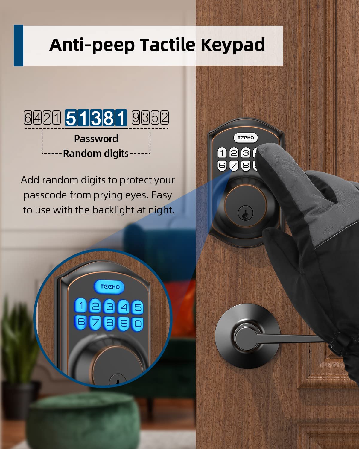 TEEHO TE001L Keyless Entry Smart Door Lock with 2 Handles - Electronic Keypad Deadbolt & Lever Set, Auto-Lock, Easy Install, Oil Rubbed Bronze Finish for Home Security & Front Door Access