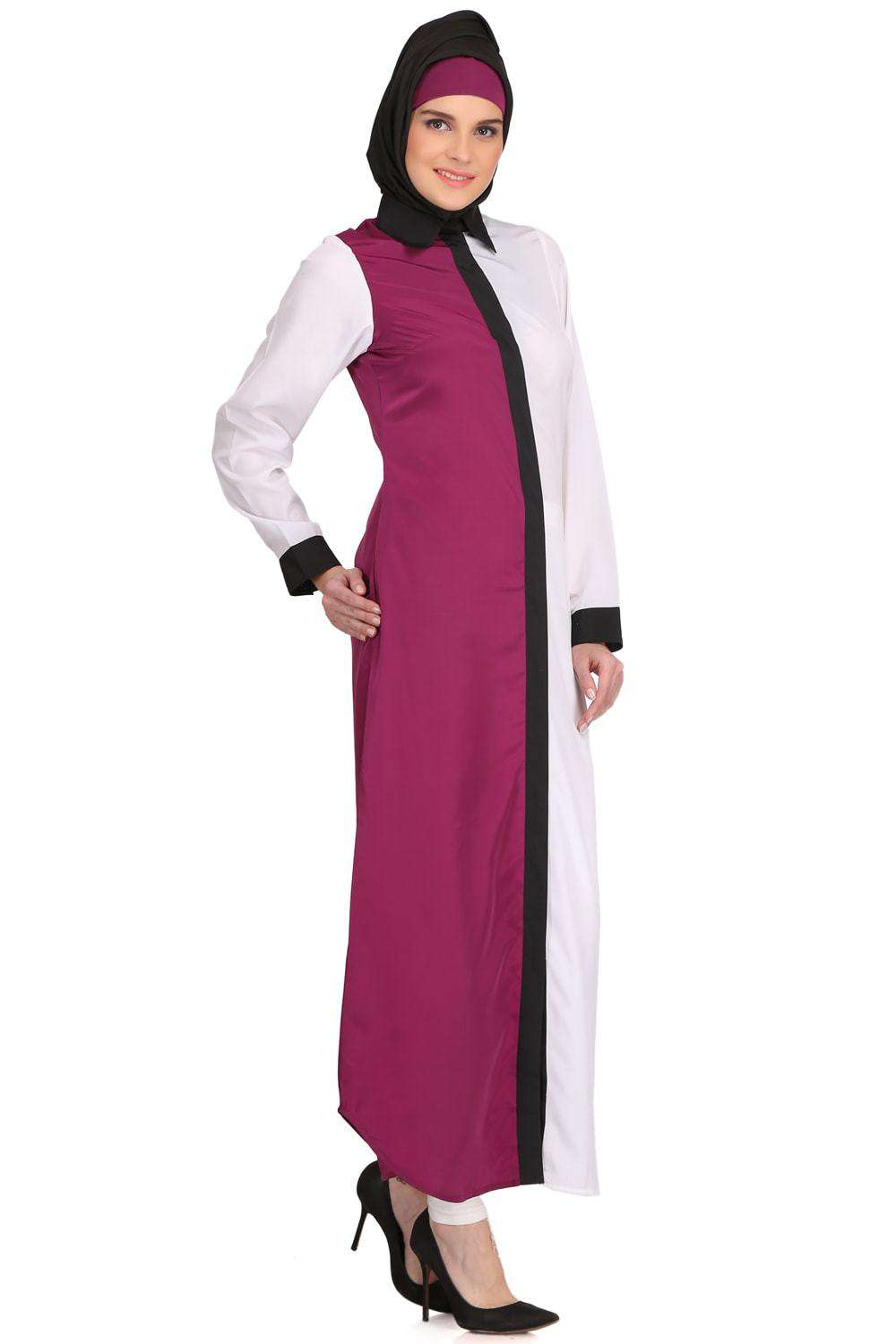 Elegant White & Wine Crepe Short Abaya Dress - Modest Muslim Fashion for Women | Perfect for Eid, Weddings & Special Occasions