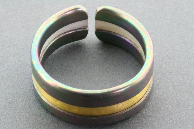 Rainbow Titanium Line Ring with Gold Accent - Sterling Silver & Titanium Wedding Band for Women - Perfect for Engagement, Anniversary, and Everyday Wear
