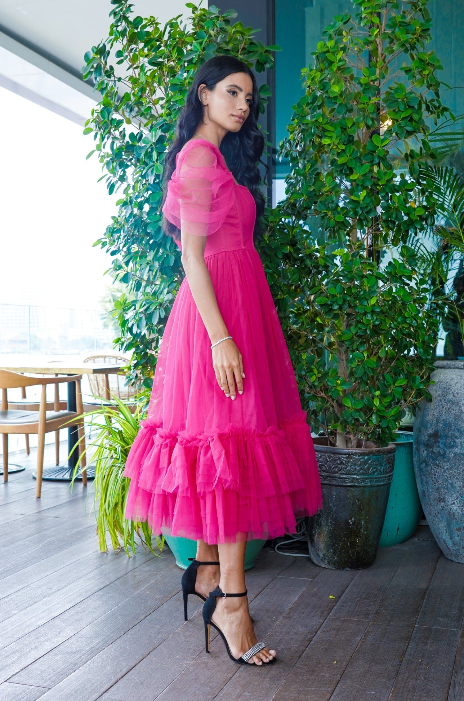 Jayne Bright Pink Midi Dress - Flowy Summer Party Dress for Women, Elegant Cocktail & Wedding Guest Dress, Perfect for Date Night & Special Occasions