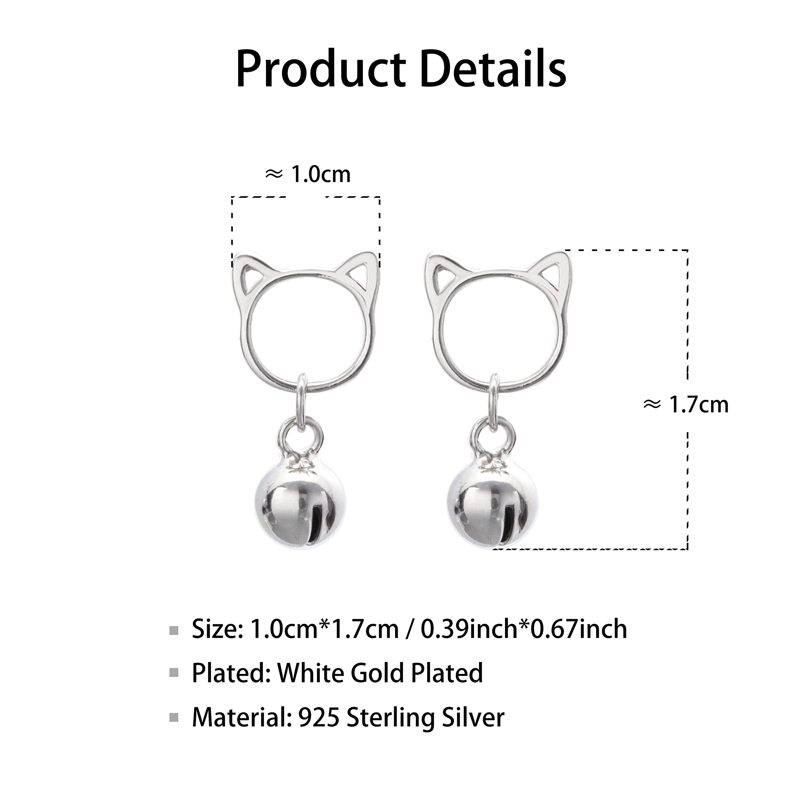 925 Sterling Silver White Gold Plated Cat Head Bell Stud Earrings - Fashion Jewelry for Women, Girls - Perfect for Parties, Dating & Daily Wear