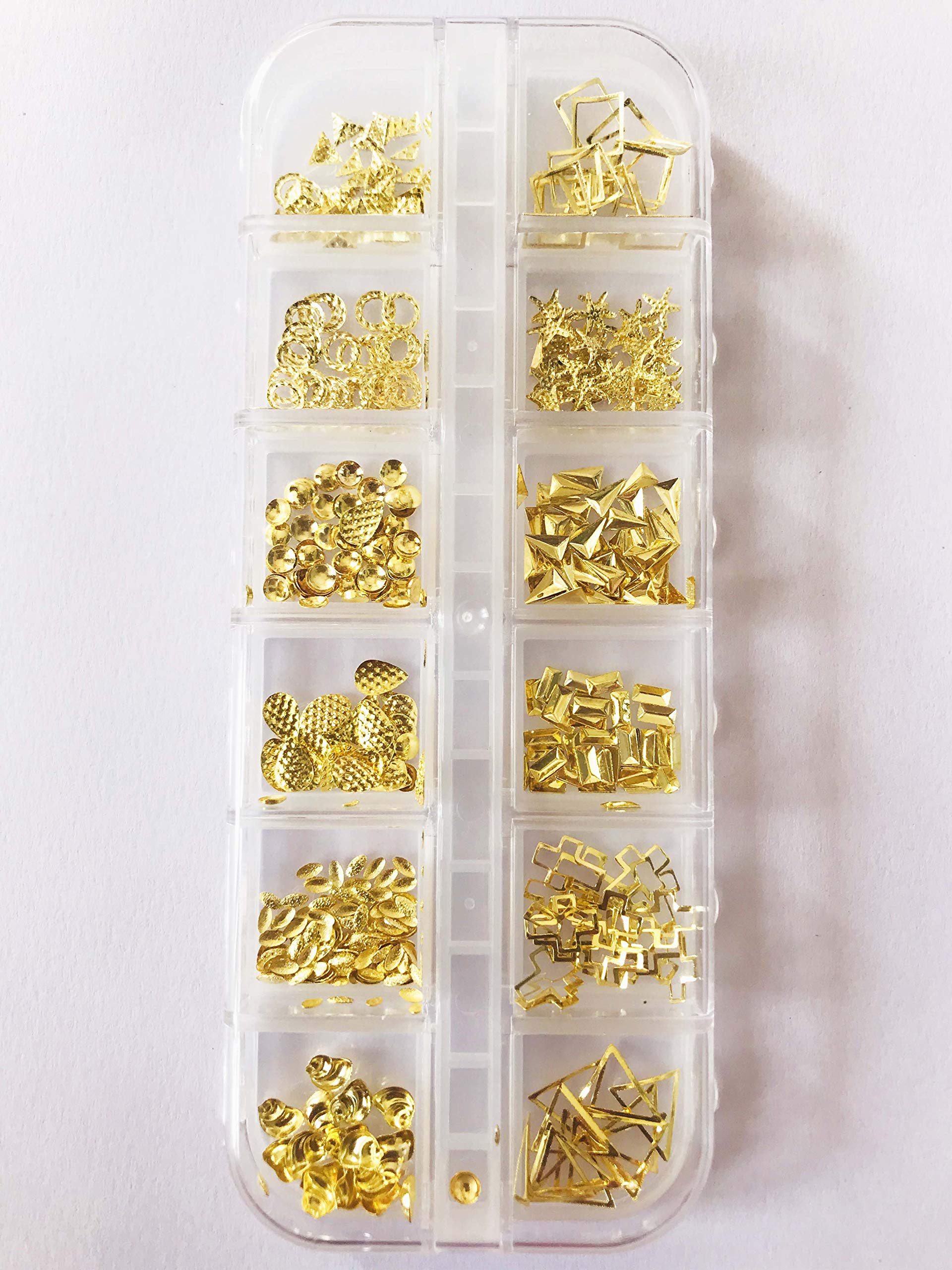 Premium Crystal Nail Art Rhinestones - Flatback Acrylic Nail Decorations for 3D Nails (12 Gold Metal Stud Patterns) - Perfect for DIY Manicures, Salon Nail Designs & Party Glam Looks