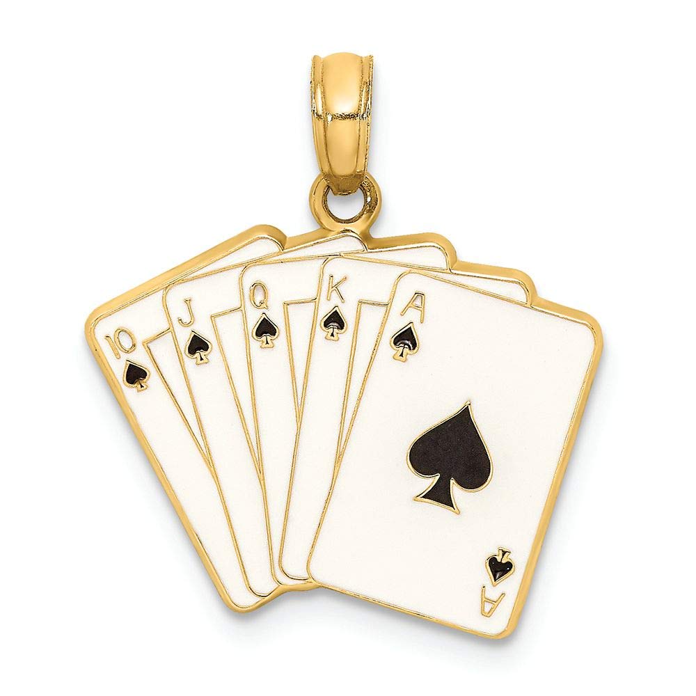 14K Yellow Gold Enamel Playing Cards Royal Flush Charm Pendant - Elegant Jewelry Gift for Card Game Lovers, Casino Night & Poker Party Accessories