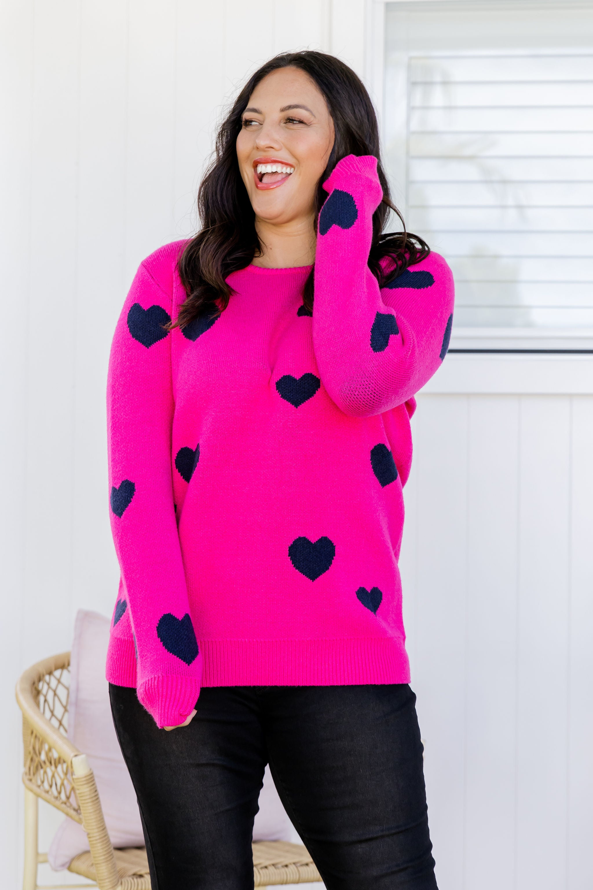 Amor Knit Jumper Women's Pink Sweater with Navy Hearts Design - Perfect for Casual Wear, Date Nights & Cozy Winter Outfits