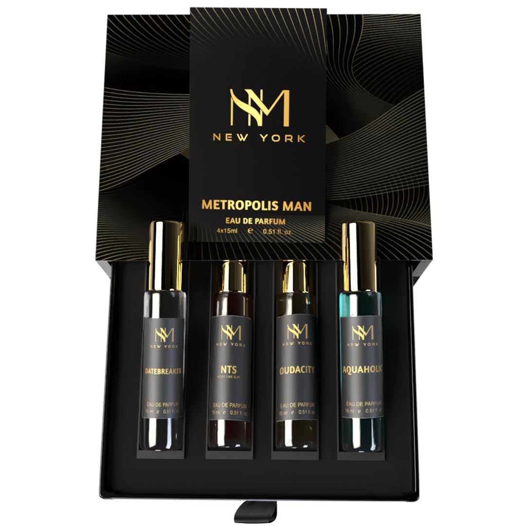 Nourish-Mantraa NM New York Metropolis Men's Luxury Perfume Gift Set - 4 Premium Long-Lasting Fragrances (15ml Each) | Perfect Birthday Gift for Him | Ideal for Date Nights, Office Wear & Special Occasions
