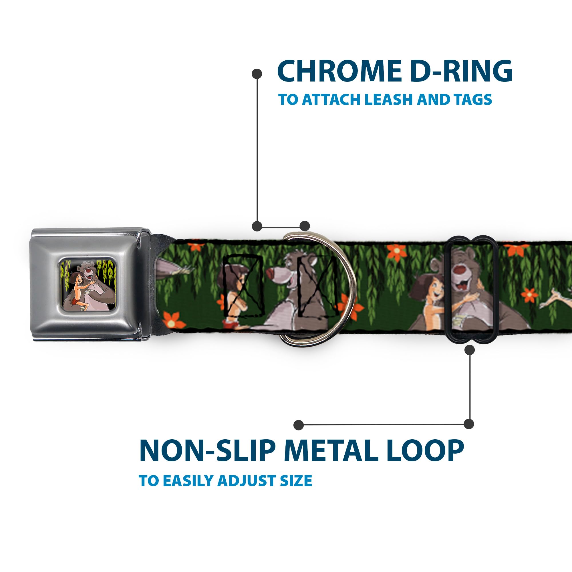 Dog Collar with Seatbelt Buckle - Mowgli & Baloo 3 Poses, Leaf & Flower Design, 1.0 Inch Wide (11-17 Inches) - Perfect for Car Safety & Outdoor Adventures with Your Pet