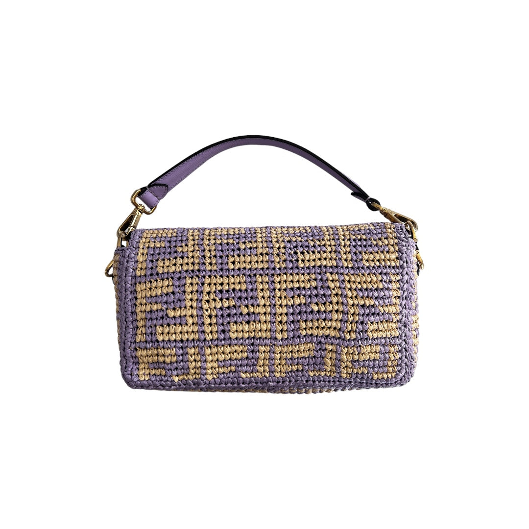 Fendi Violet Raffia Woven Baguette Bag - Stylish Crossbody Purse for Women, Perfect for Summer Outings, Beach Trips, and Casual Events