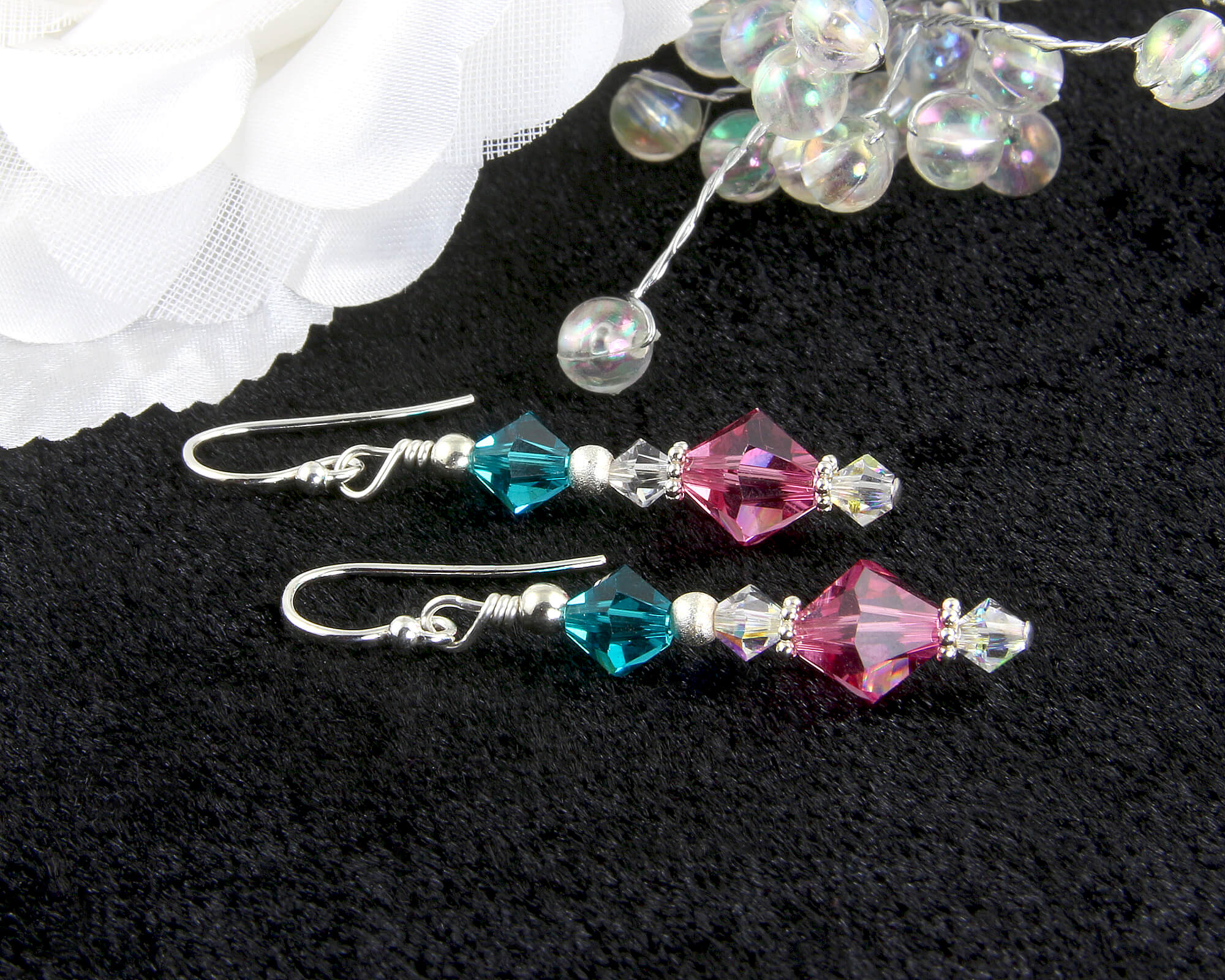 Elegant Teal Rose Pink Crystal Beaded Earrings for Women - Handmade Dangle Earrings for Party, Wedding & Special Occasions