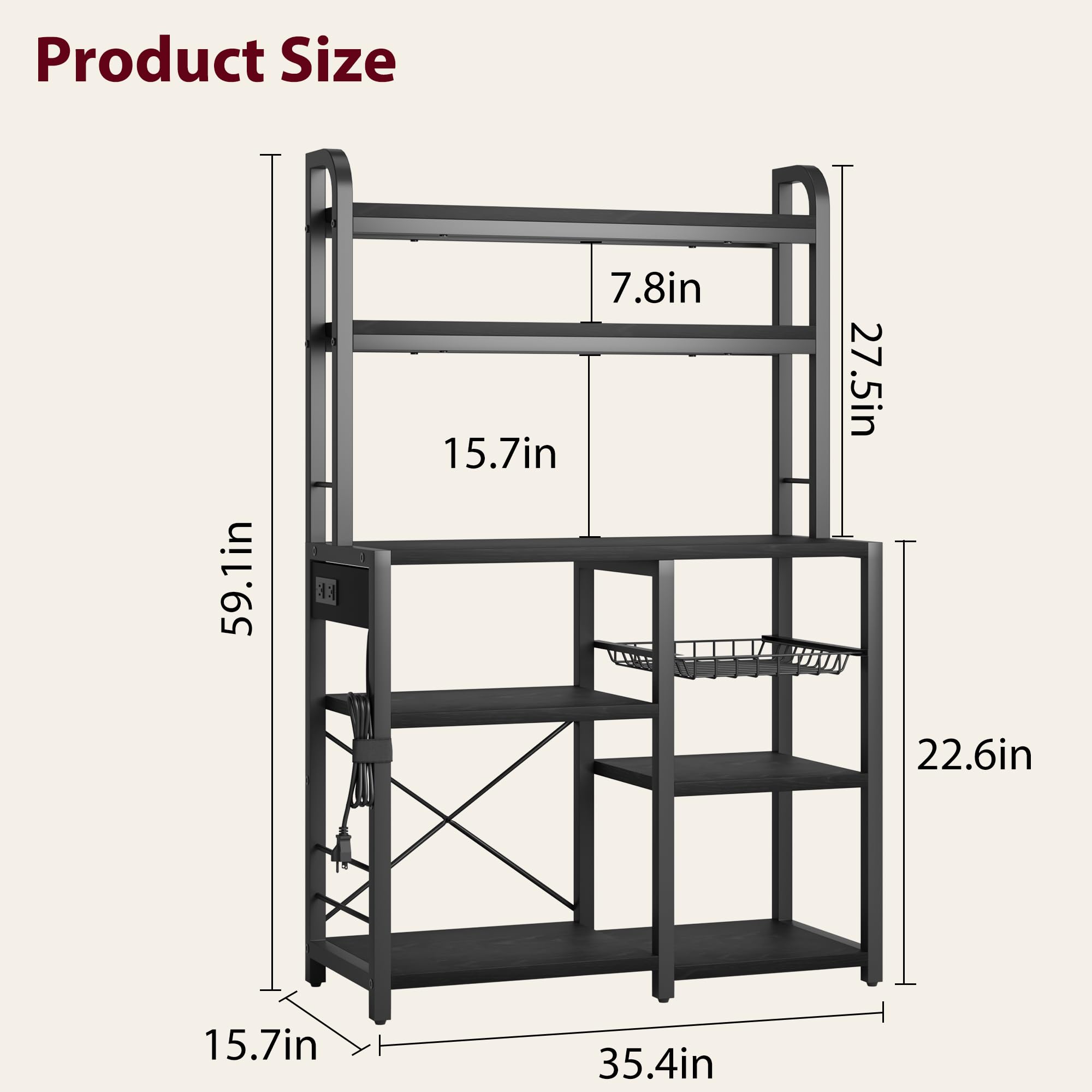 GAOMON 6-Tier Bakers Rack with Power Outlet & Wire Baskets - Freestanding Kitchen Storage Shelf for Microwave, Spices & Cookware - Retro Black Utility Shelf for Small Spaces & Apartment Living
