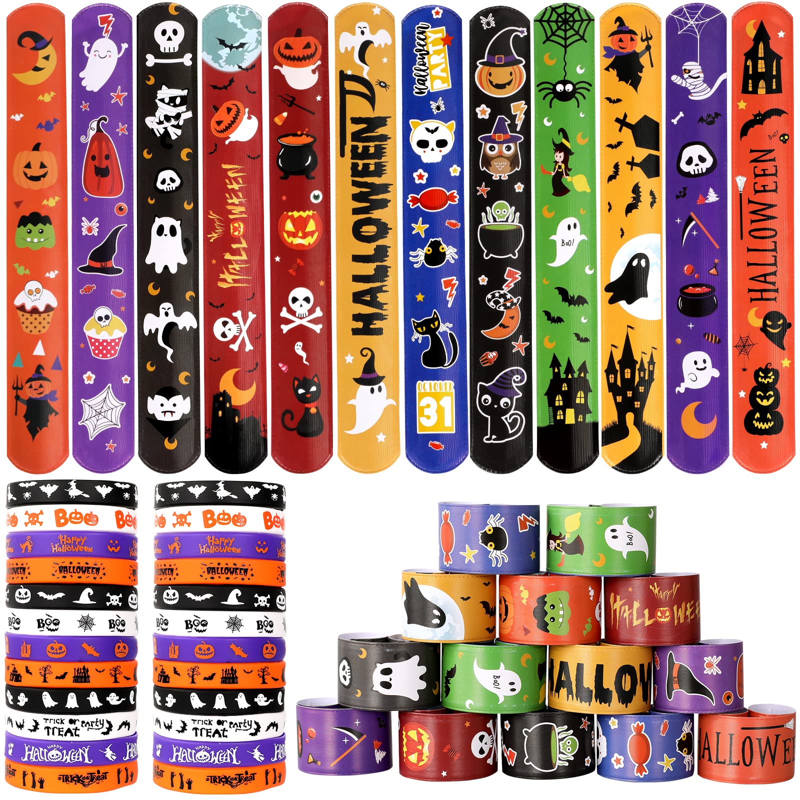 MGparty 72Pcs Halloween Slap Bracelets - Colorful Rubber Wristbands for Kids, Party Favors, Treat Bag Fillers & Goodie Gifts | Perfect for Halloween Parties, Trick-or-Treating & Classroom Celebrations