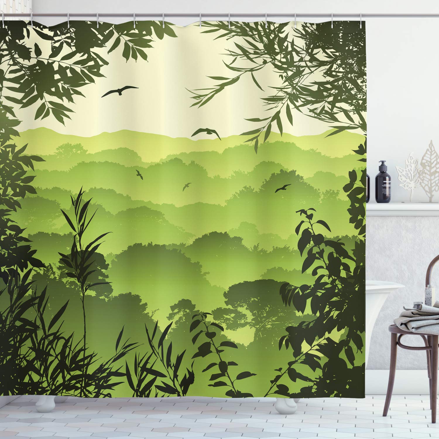 Ambesonne Forest Shower Curtain - Eco-Friendly Tea Tree & Jungle Bird Design, Light Green Fabric Bathroom Decor with Hooks, 69