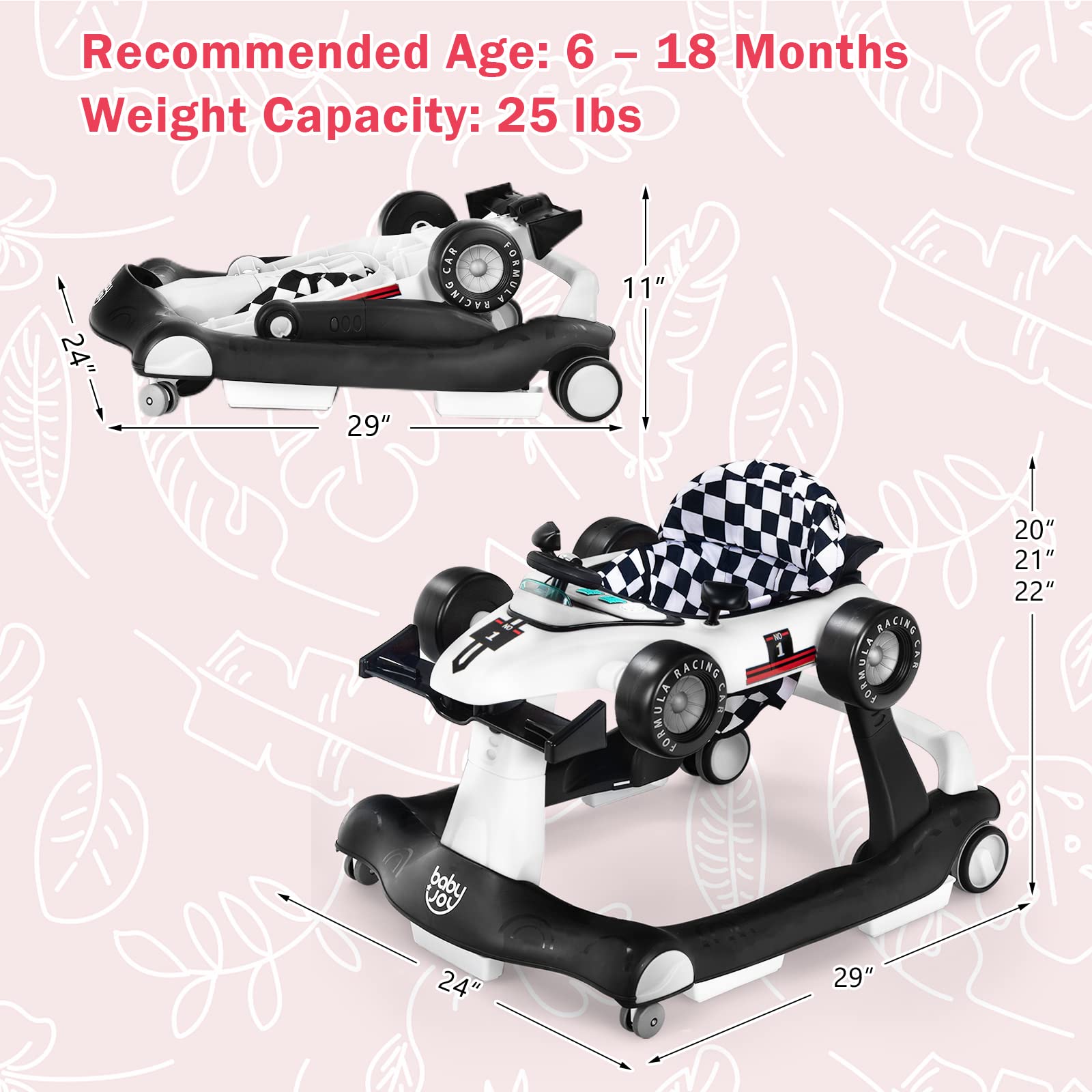BABY JOY 4-in-1 Foldable Baby Walker with Adjustable Height & Speed - Musical Light-Up Activity Walker with Anti-Rollover Safety Wheels for Toddlers 6-18 Months (White) | Perfect for Learning to Walk, Indoor Play & First Birthday Gifts for Boys & Girls