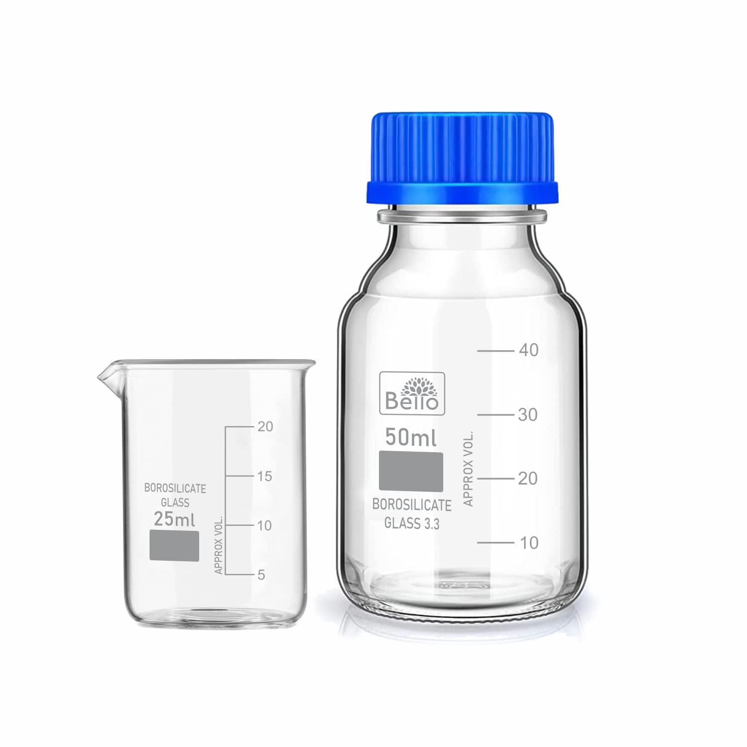Borosilicate Glass Measuring Beaker Set - 25ml & 50ml Reagent Bottles with Leak-Proof Blue Screw Caps (Pack of 2) for Chemistry Lab, Scientific Experiments, Kitchen Measuring & Professional Use | Ideal for Liquid Measurement, Mixing Solutions & Precise Pouring