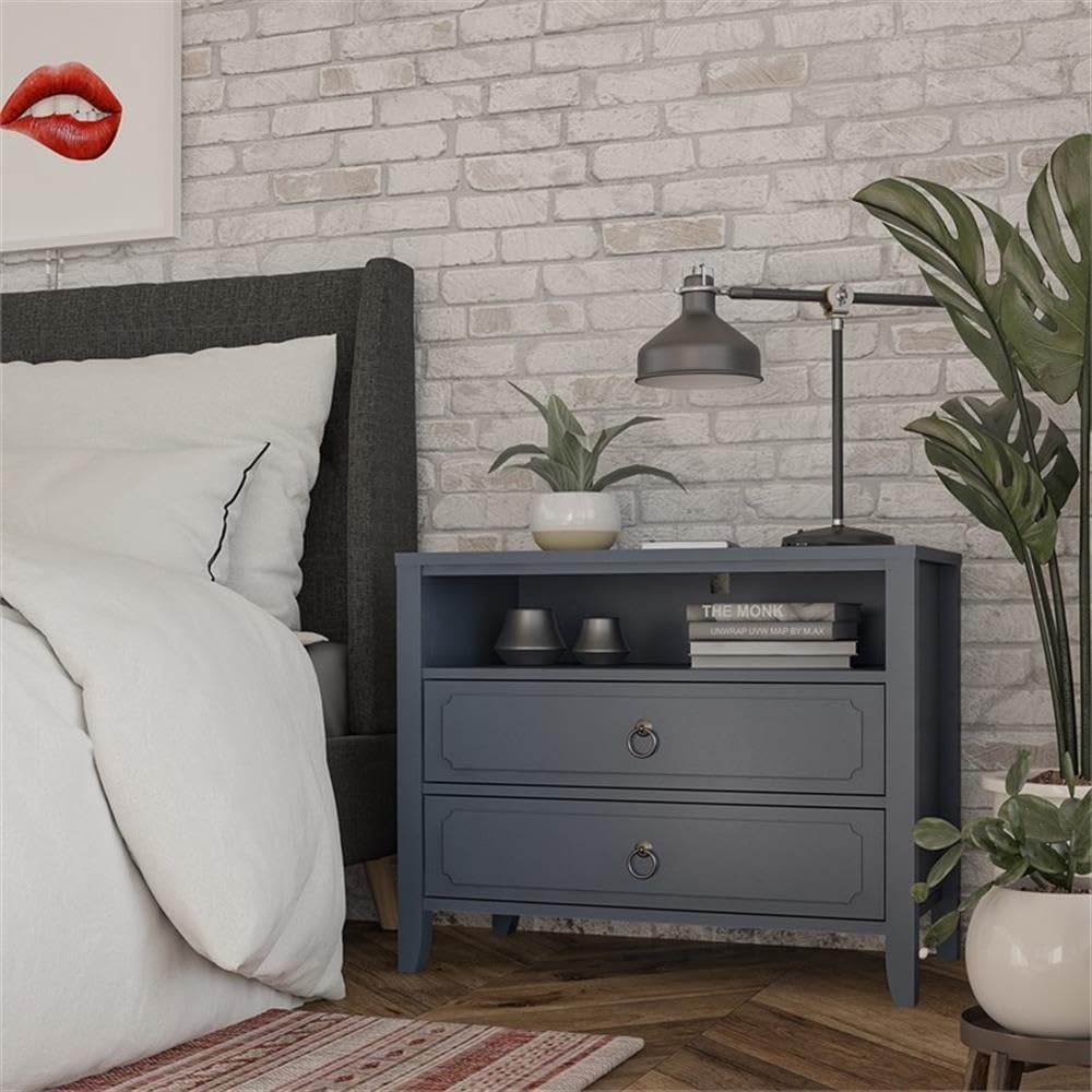 Novogratz Her Majesty 2-Drawer Nightstand in Blue - Stylish Bedside Table for Small Spaces, Modern Bedroom Decor, Apartment Living