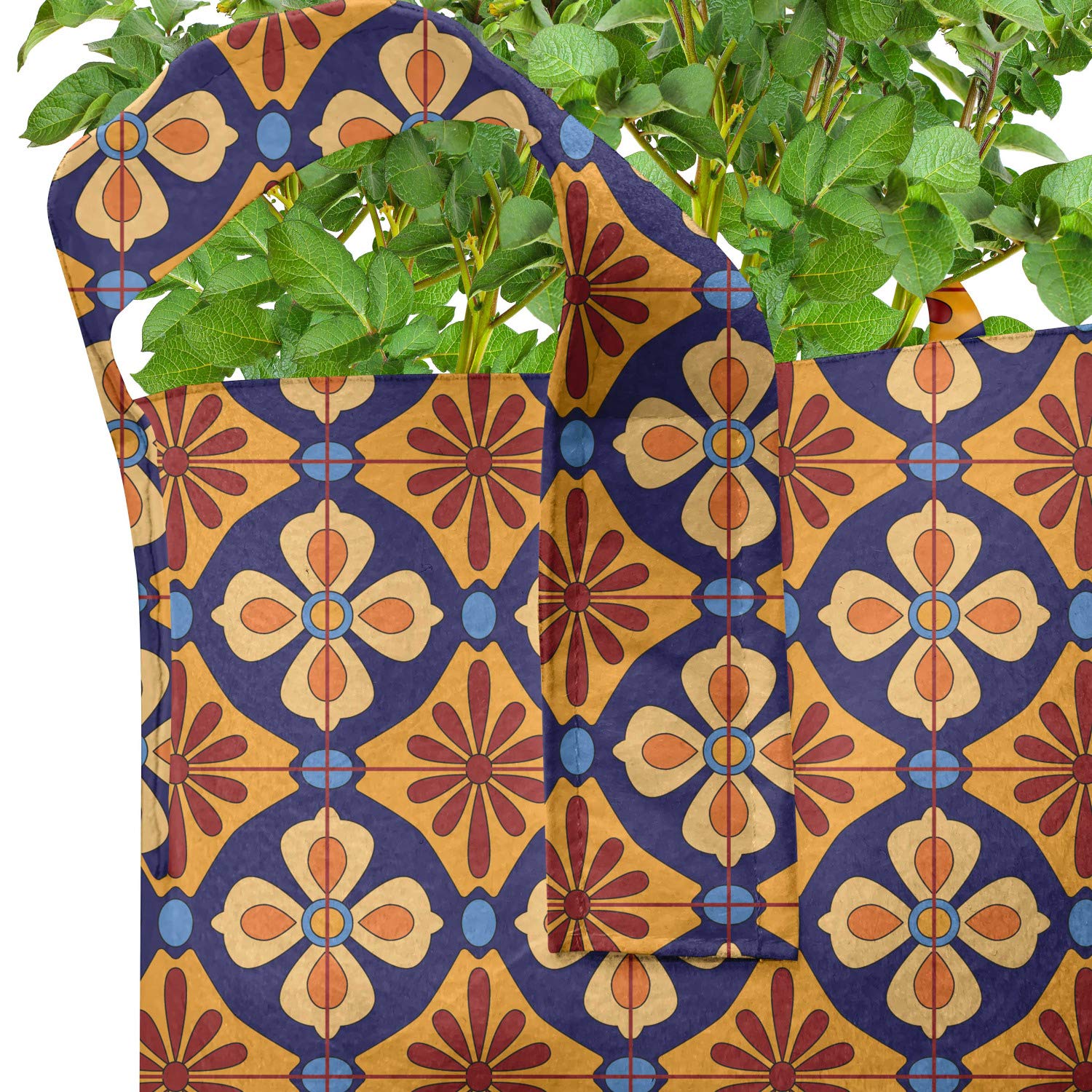 Lunarable Talavera Grow Bags 5-Pack - Heavy Duty Fabric Plant Pots with Handles, Mexican Ethnic Design in Blue Coffee - Perfect for Indoor/Outdoor Gardening, Vegetables, Flowers & Herbs