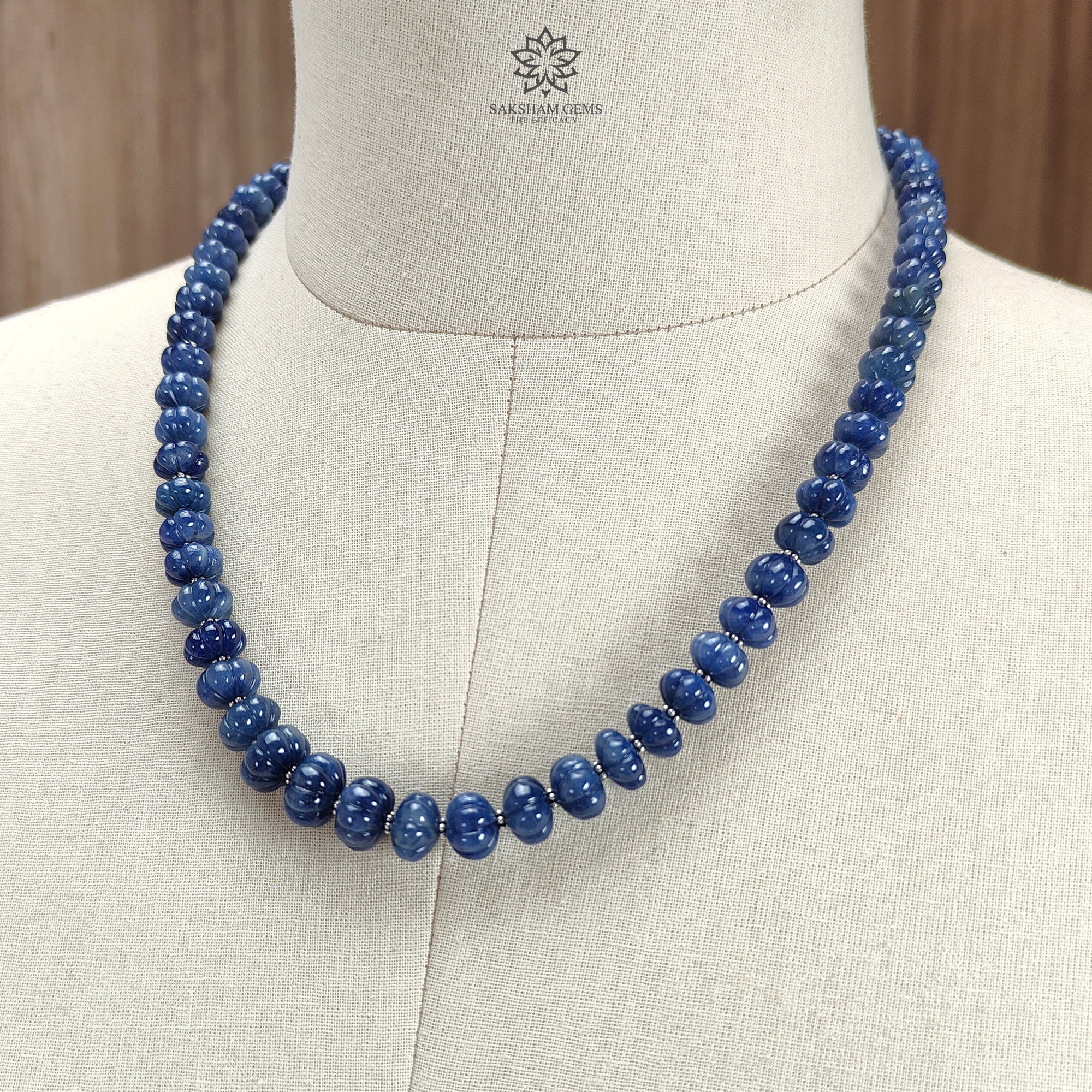 Natural Blue Sapphire Melon Pumpkin Beads - 423.60cts Hand-Carved 925 Sterling Silver Rondelle Beads (8mm, 12mm, 20mm) for Jewelry Making, DIY Bracelets & Necklaces