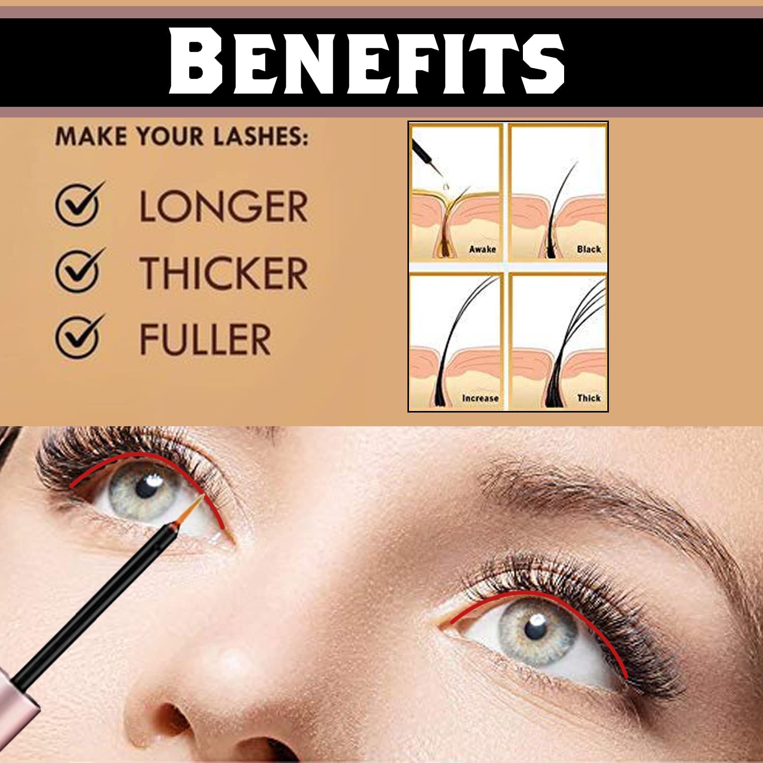 Premium Eyelash Growth Serum for Longer, Thicker Lashes - Natural Lash Enhancer with Biotin & Keratin - 3ml Mascara Tube for Easy Application - Perfect for Daily Use & Special Occasions