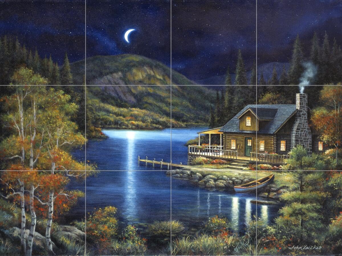 John Zaccheo Woodland Landscape Ceramic Backsplash Tile Mural - Moonlit Cabin Design for Kitchen, Bathroom & Living Room - Perfect for Rustic Home Decor and Nature-Inspired Interior Design