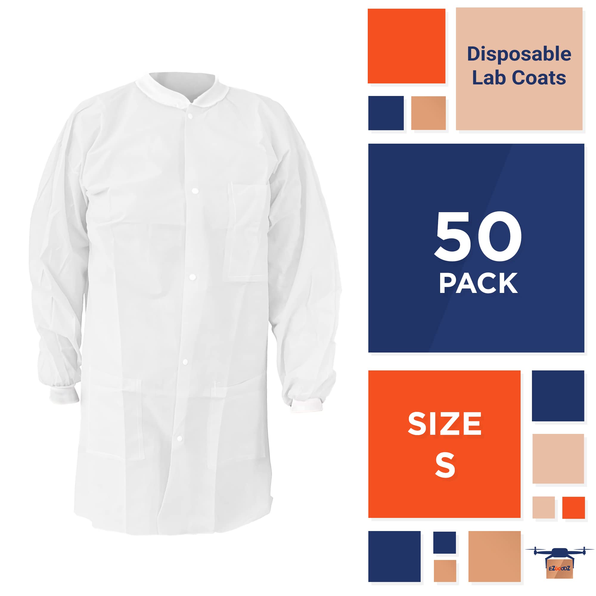 EZGOODZ White Disposable Lab Coats for Adults - Small (50 Pack) | 45 GSM Medical PPE Coat with Cuffs, Collar & 3 Pockets | Splash-Proof Painting & Medical Protective Wear for Hospitals, Labs & DIY Projects