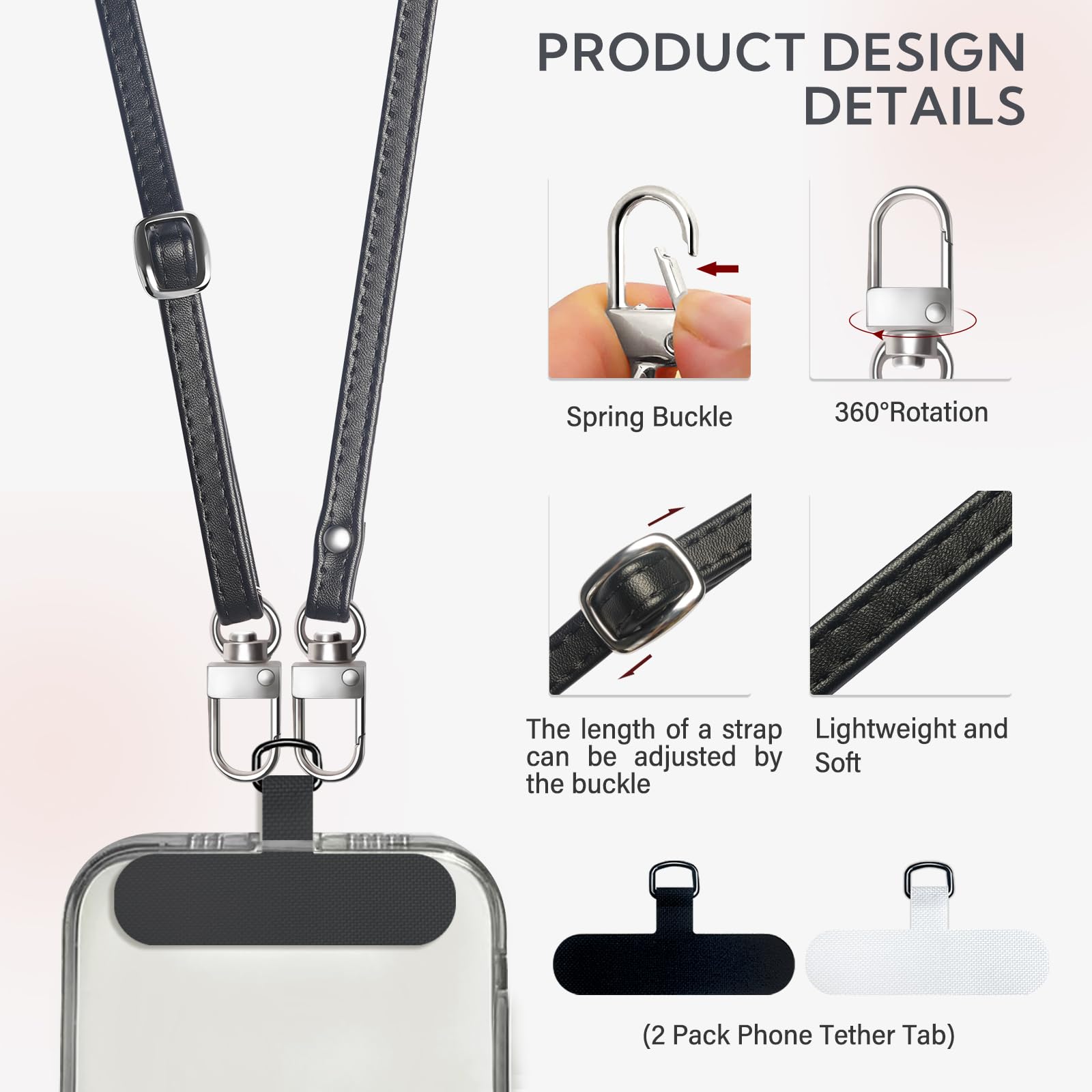 Adjustable Phone Crossbody Strap with Wrist & Finger Straps - for Smartphones (Black) - Perfect for Travel & Daily Use