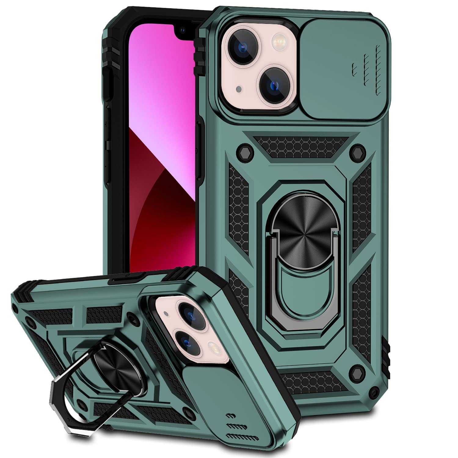 Hitaoyou iPhone 13 Case with Camera Cover & Kickstand - Military Grade Shockproof Heavy Duty Protective Magnetic Phone Cover for iPhone 13 (Green) - Perfect for Outdoor Activities, Travel and Daily Protection