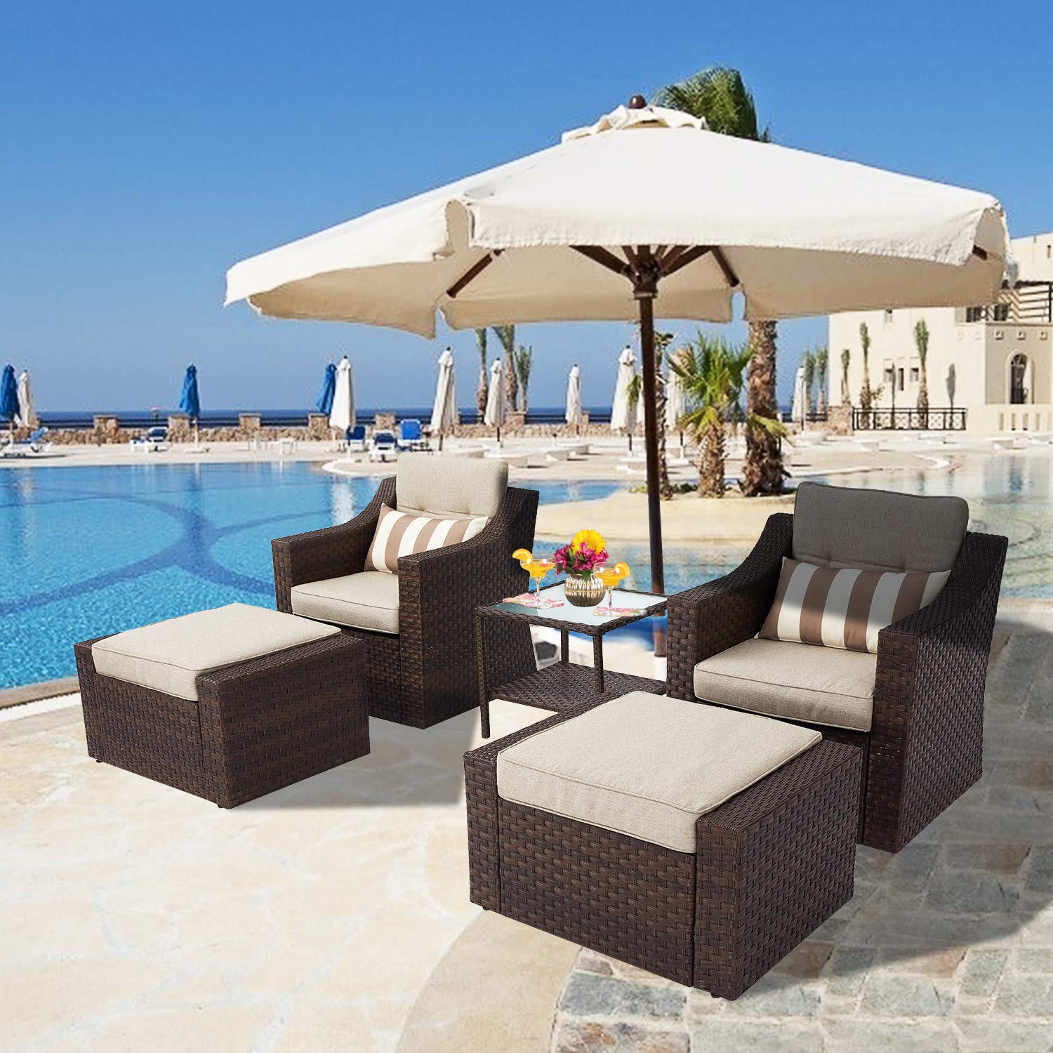Oakmont 5-Piece Patio Furniture Set - Outdoor Wicker Chairs with Cushions, Ottoman & Side Table - PE Rattan Conversation Set for Poolside, Lawn, Balcony or Backyard (Brown) - Perfect for Relaxing, Lounging & Outdoor Entertaining