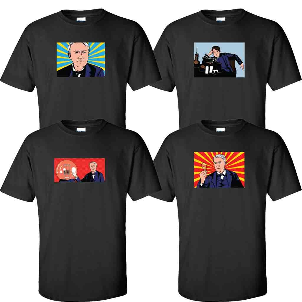 VictoryStore Apparel - 4 Pack Edison Pop Art Graphic T-Shirts for Men, Black Cotton Tees - Perfect for Casual Wear, Street Style & Gifts
