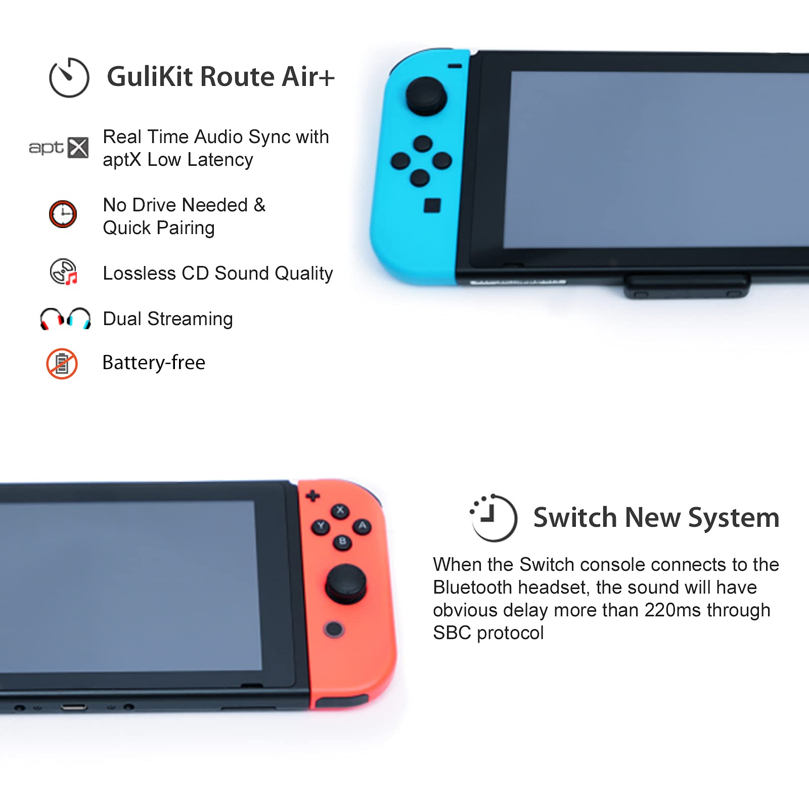 GuliKit Route Air Bluetooth Adapter for Nintendo Switch/Switch Lite, PS4, PC - Dual Stream Wireless Audio Transmitter with aptX Low Latency | Compatible with AirPods, Bluetooth Speakers & Headphones (Not for AirPods Pro 2) | Perfect for Gaming, Movies & Music Streaming