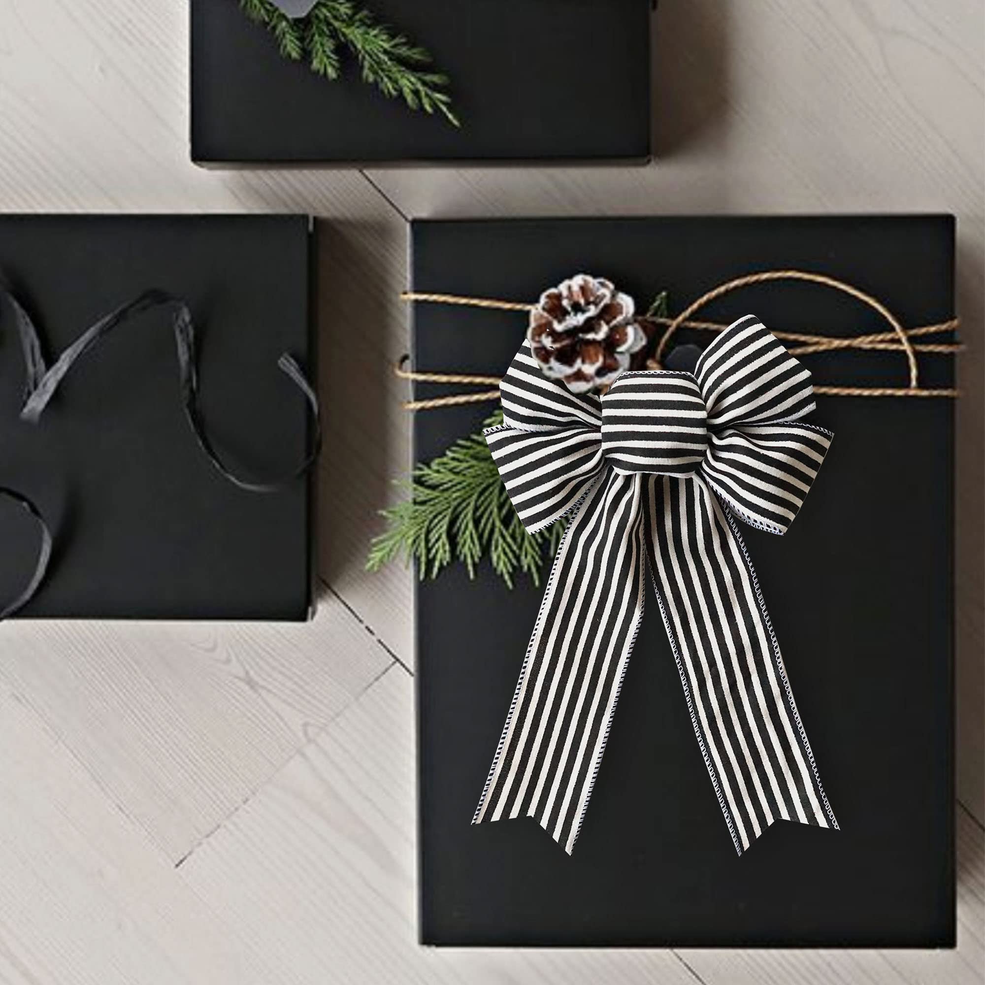 6-Piece Black and White Striped Wreath Bows, 8 x 12.5 Inches Ticking Fabric Christmas Gift Bows - Perfect for Holiday Decorations, DIY Crafts, and Present Wrapping