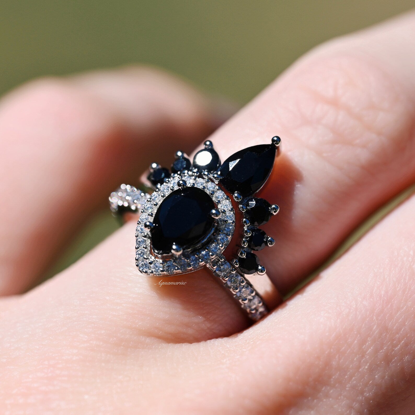 Amy Black Diamond (Onyx) Ring Set - 925 Sterling Silver Women's Jewelry for Wedding, Anniversary & Special Occasions