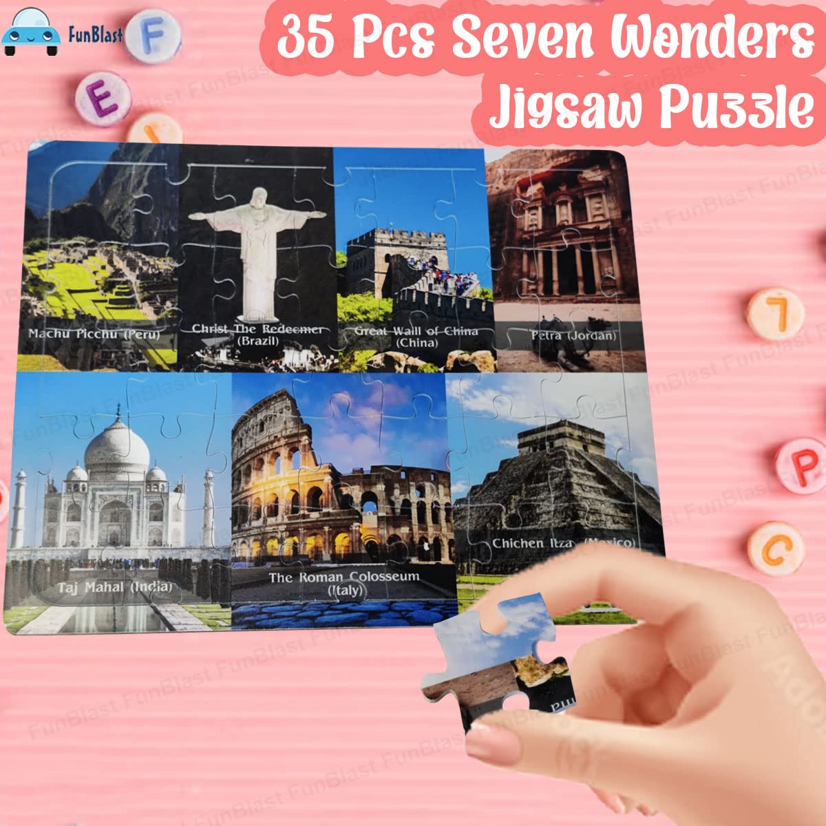 FunBlast 35-Piece Seven Wonders Jigsaw Puzzle for Kids Ages 3-5 - Educational Learning Toys with Acrylic Board & Large Floor Puzzle Pieces - Perfect for Preschool Classroom, Birthday Gifts & Family Game Night (Multicolor)
