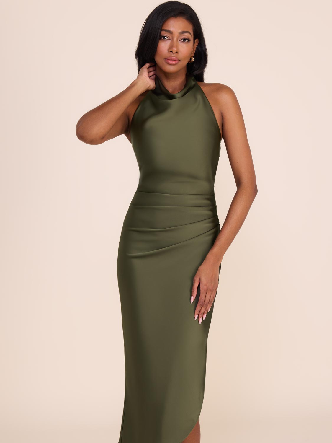 Elegant Draped Satin Halter Neck Dress for Women - Sexy Evening Gown for Party, Wedding & Special Occasions