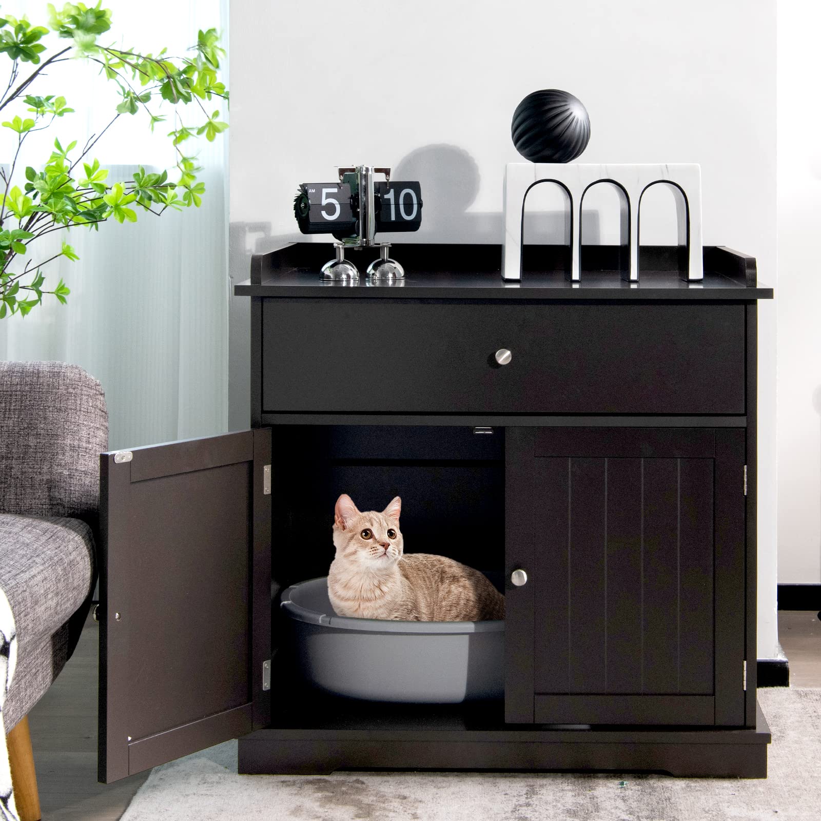 Tangkula Large Wooden Cat Litter Box Enclosure Cabinet with 2 Doors & Storage Drawer - Hidden Indoor Cat Washroom Furniture, Pet House Bench Side Table (Brown) | Perfect for Small Spaces & Stylish Home Decor