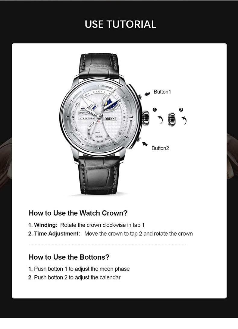 LOBINNI Men's Moon Phase Automatic Mechanical Watch - Waterproof Luxury Dress Wristwatch for Business & Formal Occasions | Elegant Timepiece for Grooms, Professionals & Special Events