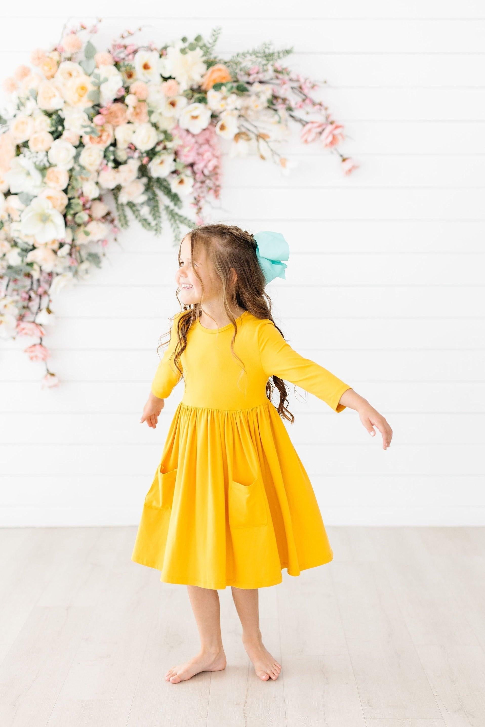 Mustard Yellow 3/4 Sleeve Twirl Dress with Pockets - Women's Casual Flowy Swing Dress for Spring Summer Outfits, Date Night & Special Occasions