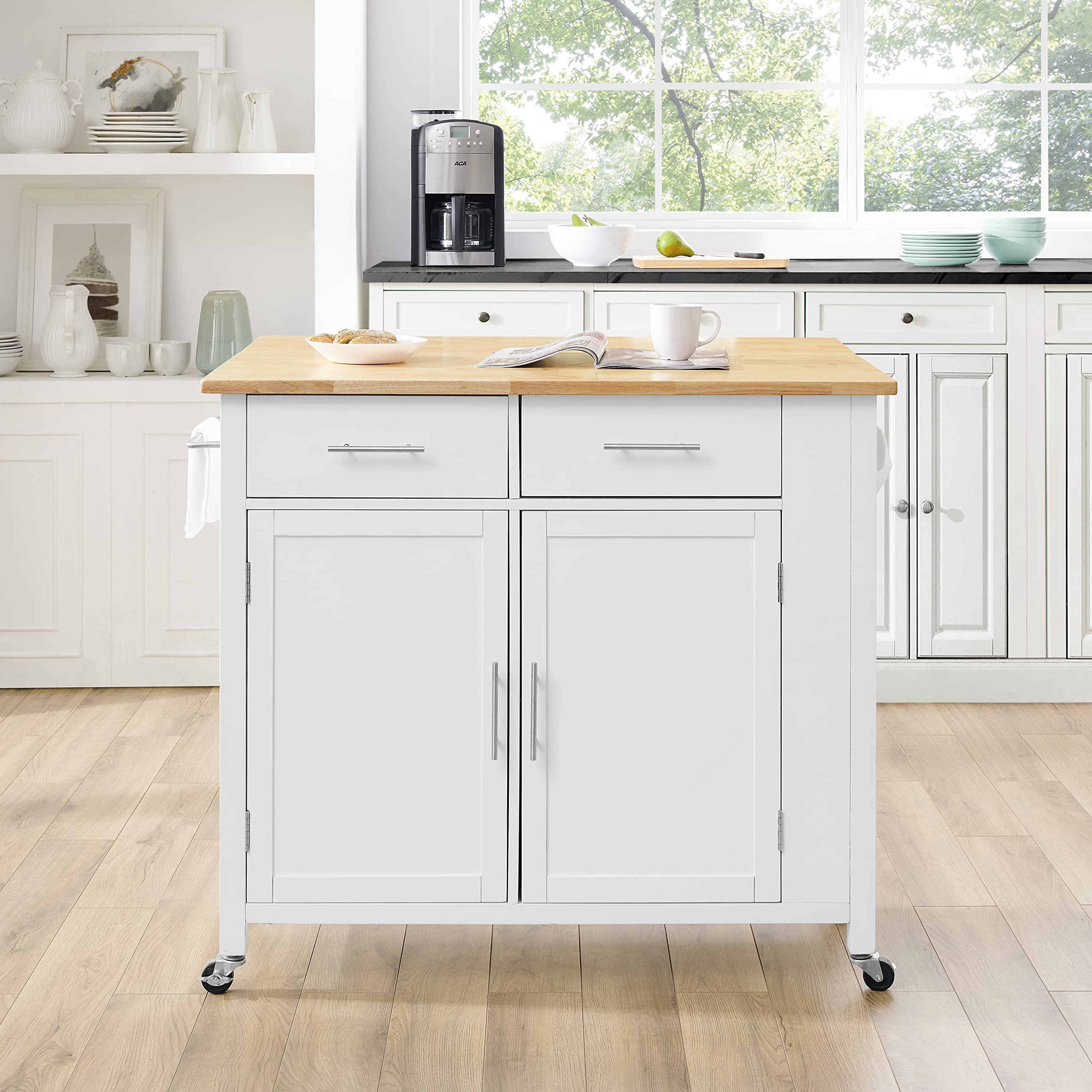 Crosley Savannah White Wood Top Drop Leaf Rolling Kitchen Island Cart with Spice Rack & Shelves - Perfect for Small Kitchens, Dining Rooms & Entertaining Spaces