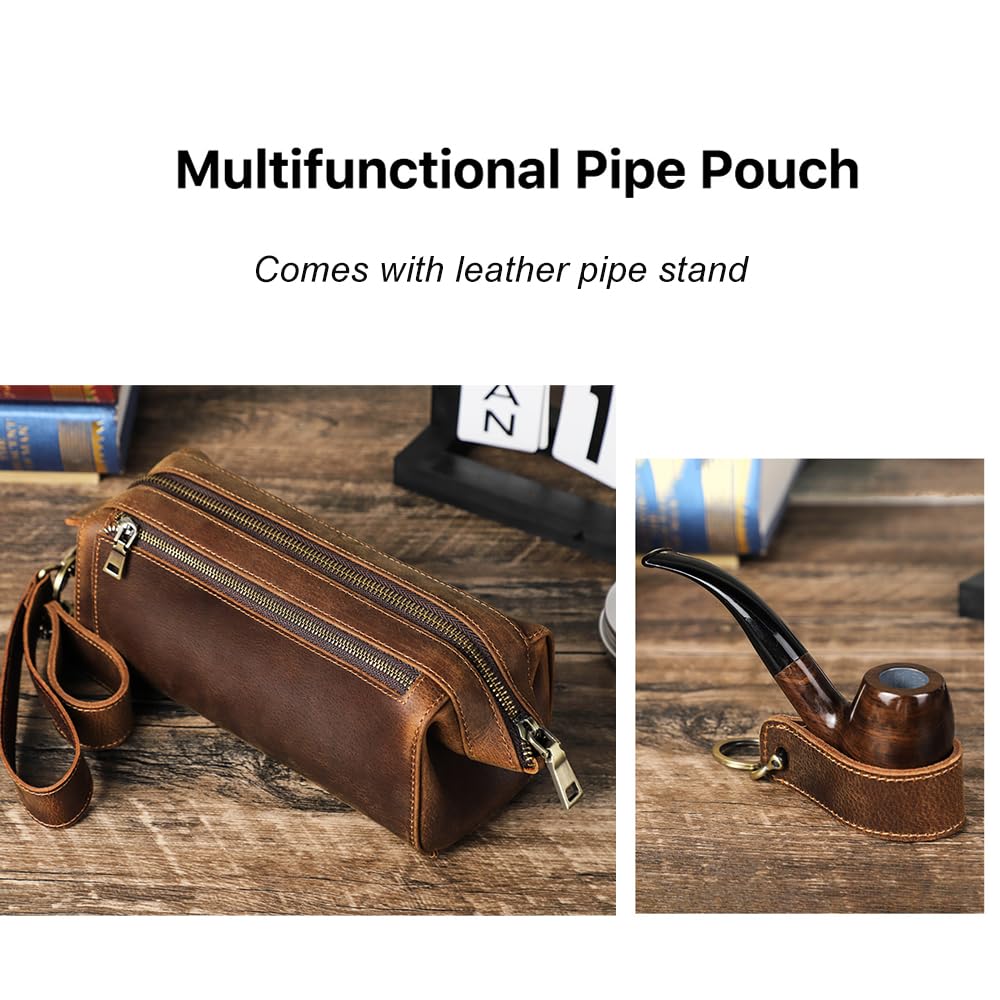 Premium Full Grain Leather Travel Tobacco Pipe Pouch with Stand - Organizer for 2 Pipes, Lighter & Cigarettes | Portable Smoking Accessories Case for Outdoor Adventures, Camping & Travel