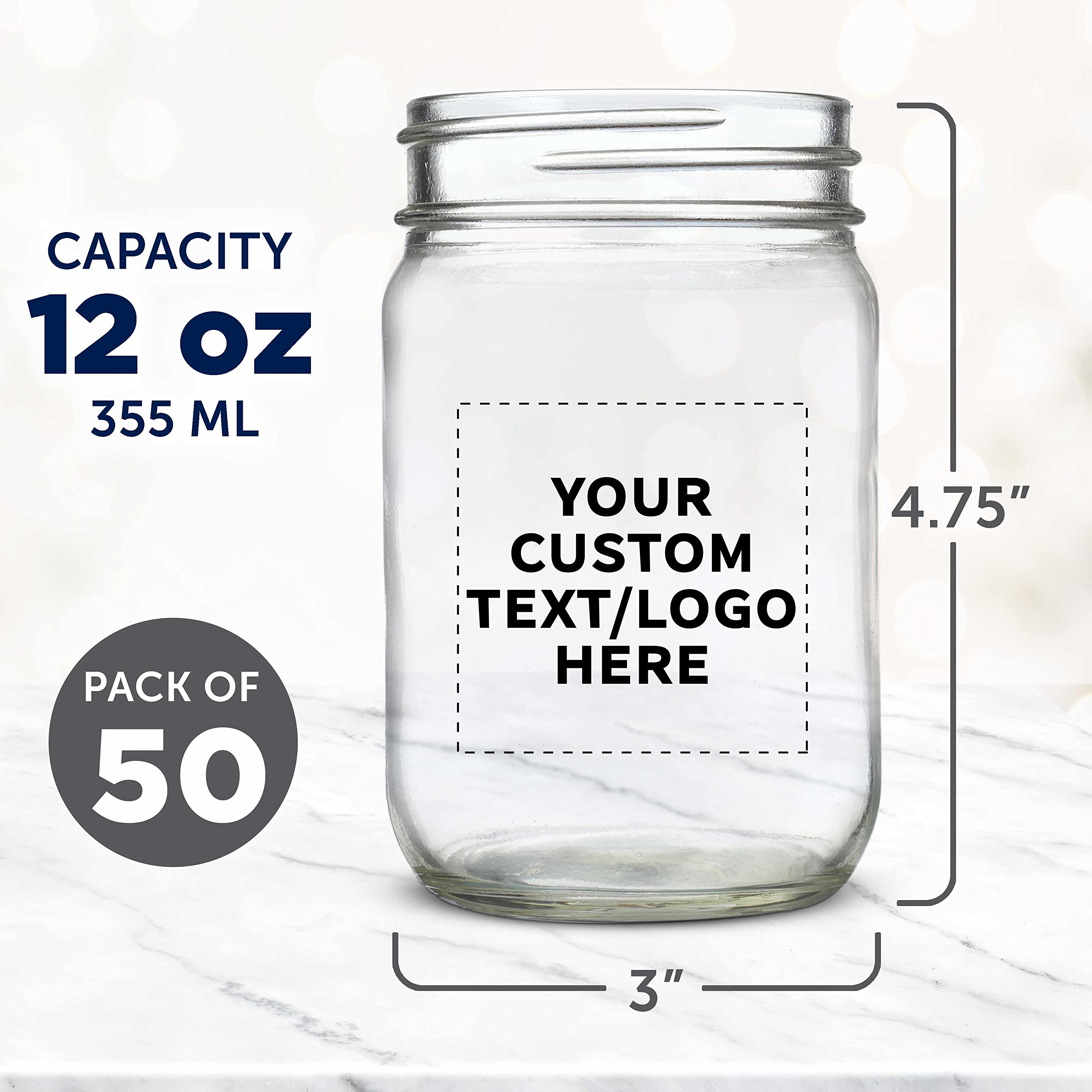 50-Pack 12oz Clear Glass Mason Jars with Lids - Bulk Custom Decorating Jars for Overnight Oats, Candies, Pickles, Spices & Beverages - Perfect for DIY Crafts, Wedding Favors, Party Decor & Kitchen Storage