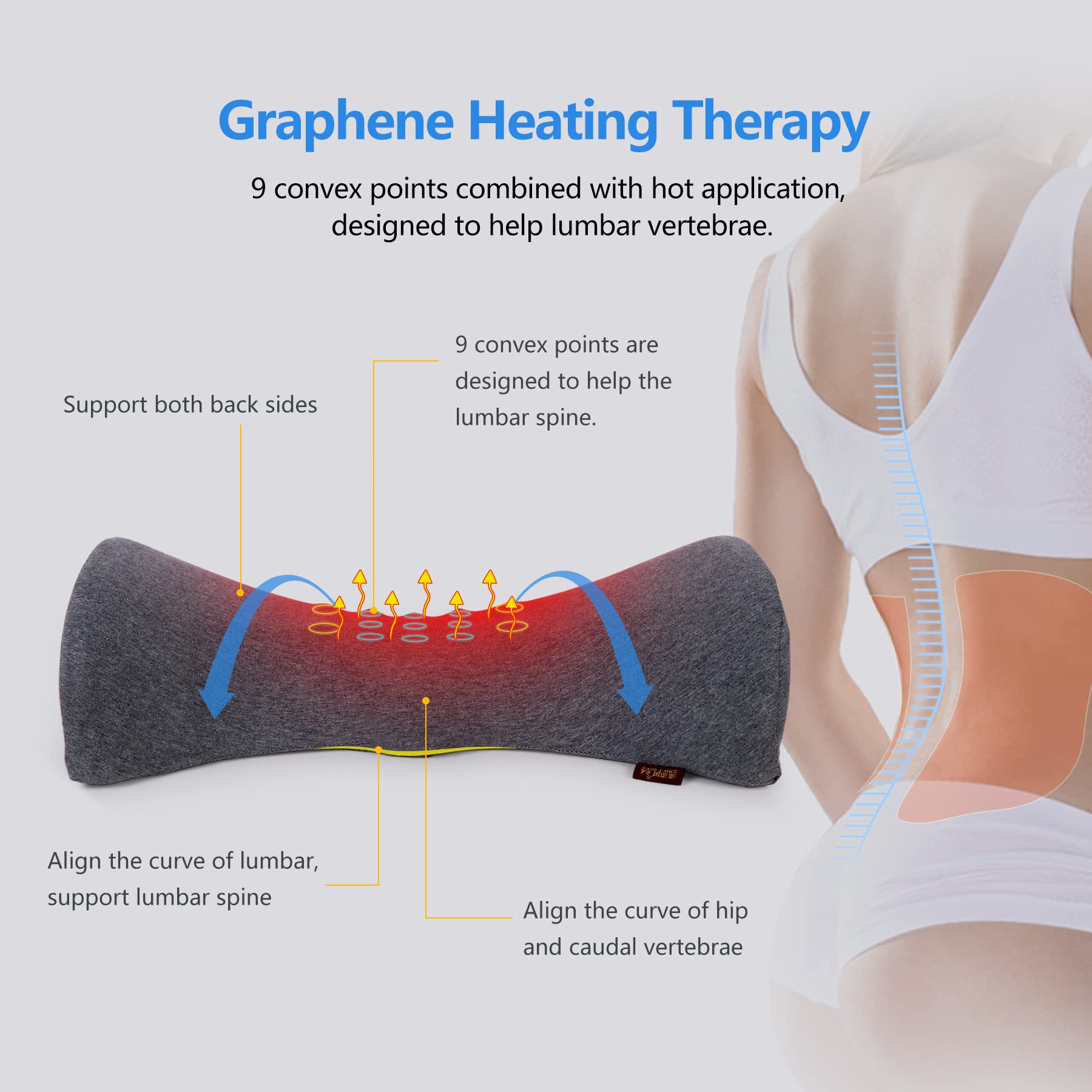 Cozyhealth Graphene Heated Lumbar Support Pillow for Back Pain Relief - Memory Foam Lower Back Cushion for Sleeping, Office Chair & Car Seat - Ideal for Sciatica, Pregnancy & Post-Surgery Recovery (Dark Grey)