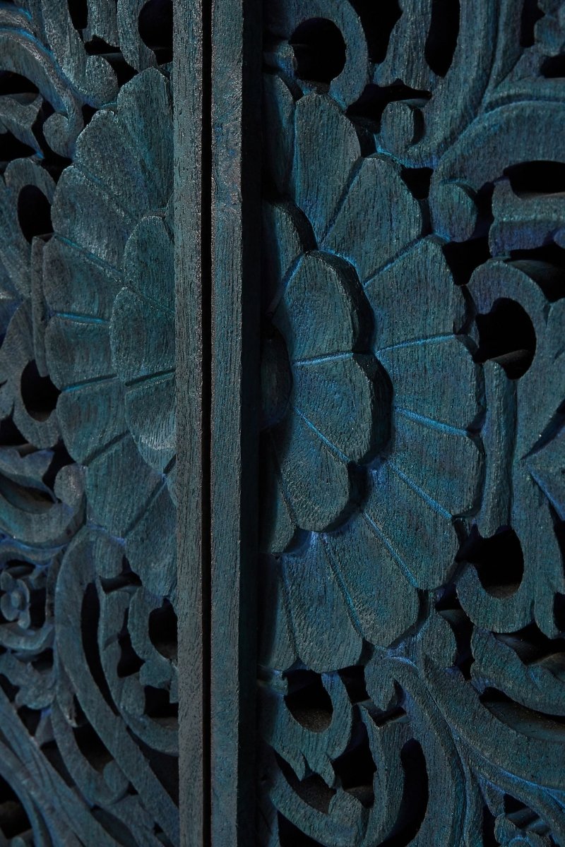 Hand Carved Lombok Entryway Cabinet in Indigo Blue - Solid Wood Storage Unit with 3 Shelves for Hallway, Living Room & Bedroom Organization