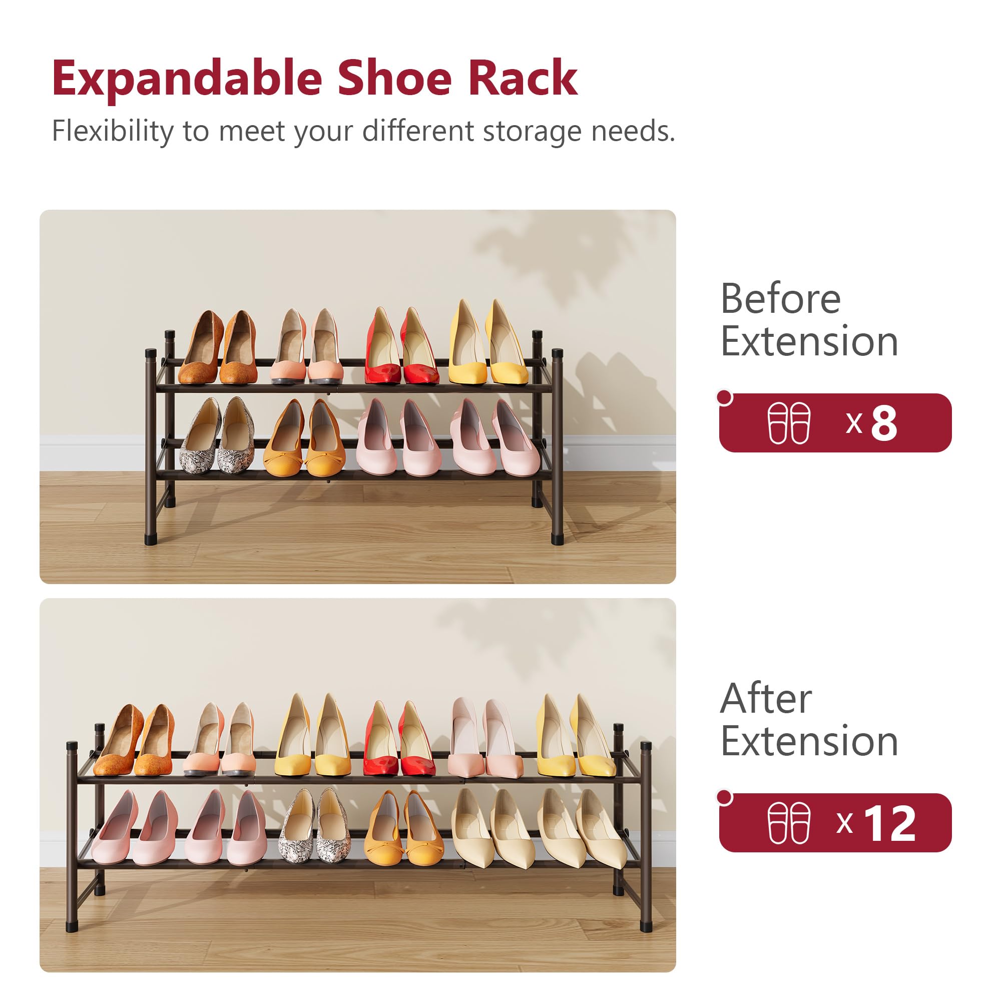 Tajsoon 2 Tier Expandable Shoe Rack Organizer - Adjustable & Stackable Metal Shoe Shelf (28