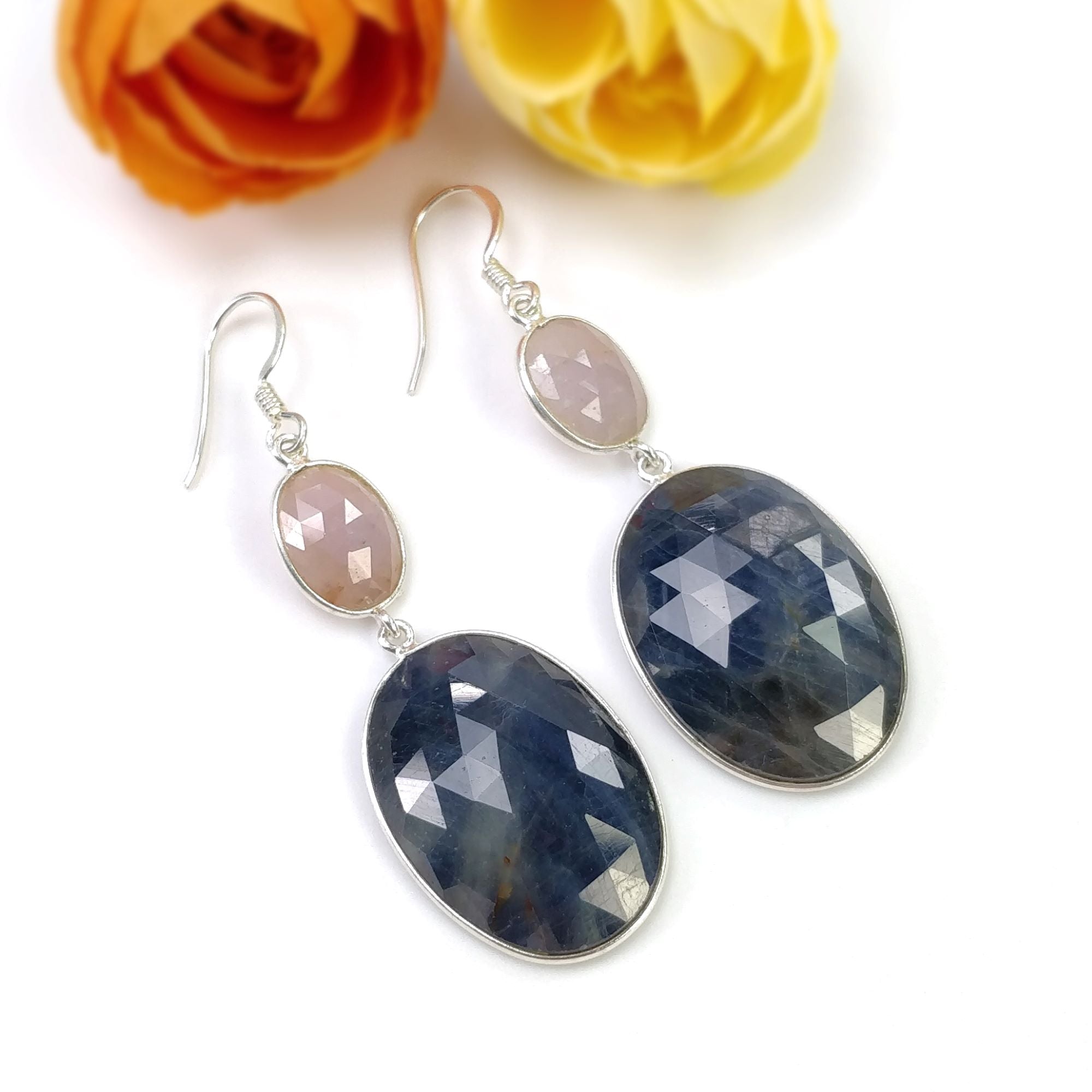 Natural Blue & Pink Sapphire Gemstone Earrings - 15.20gms Genuine Sapphire 925 Sterling Silver Drop Dangle Bezel Set Hook Earrings (2.35