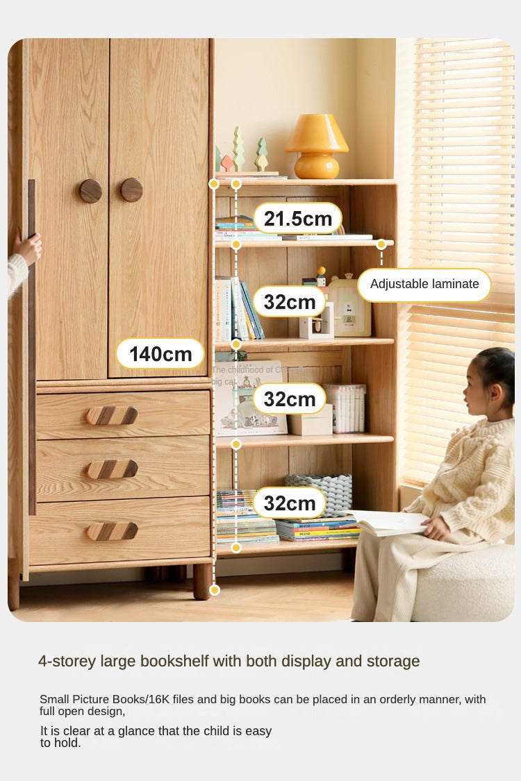 Solid Oak Wood Wardrobe Bookcase - Free Combination for Bedroom, Living Room, and Office Storage