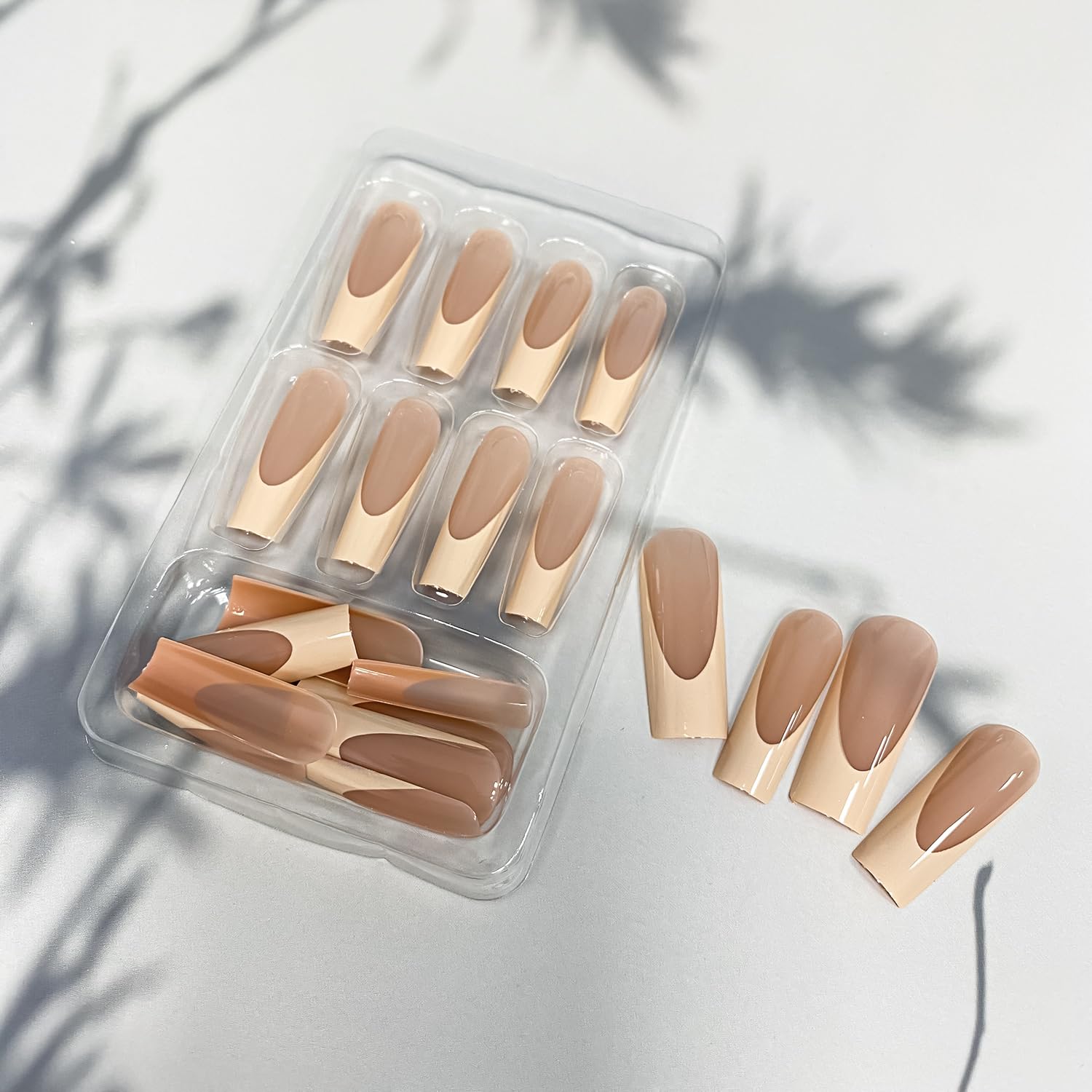 24Pcs French Tip Press On Nails - Extra Long Coffin Fake Nails with Nude Pink & Yellow Tips | Glossy Acrylic Artificial Nails for Women | Perfect for Summer, Parties, Weddings & Special Occasions