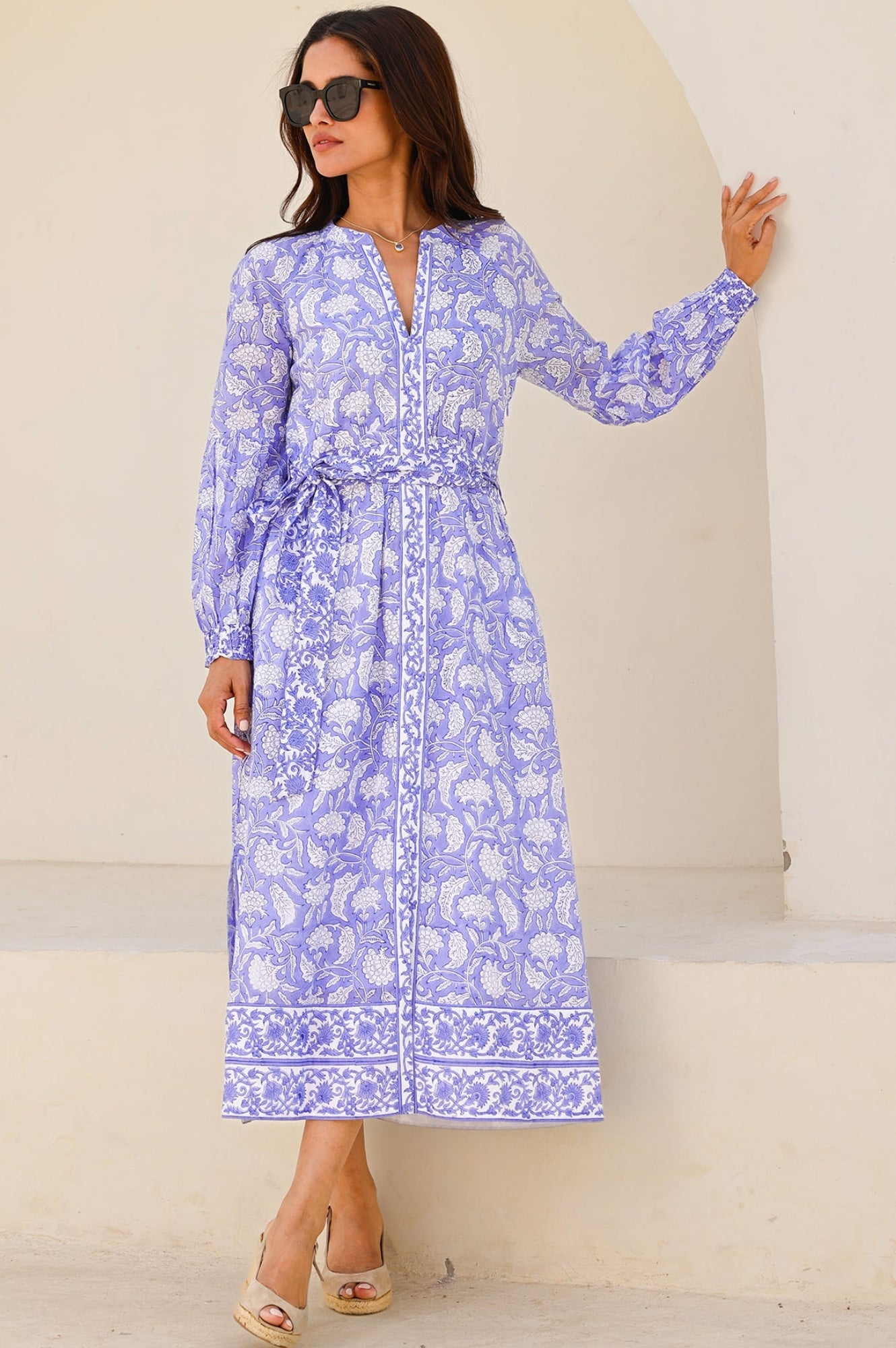Organic Cotton Block Print Dress - Iris Blue & White | Boho Chic Summer Dress for Women | Perfect for Beach, Vacation & Casual Outings