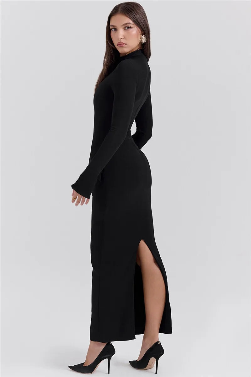 Elegant Black Long Sleeve Bodycon Maxi Dress for Women - O Neck with Two Pockets & Back Split - Perfect for Fall Winter Fashion, Date Nights, and Evening Parties