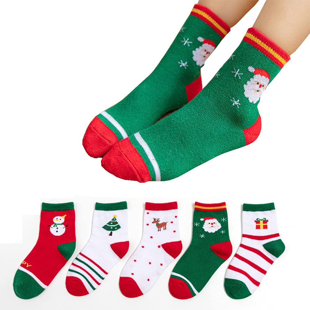 5 Pairs Christmas Socks - Santa Claus Cotton Holiday Socks for Kids, Boys & Girls - Cozy Xmas Gifts for Stocking Stuffers & Family Gatherings