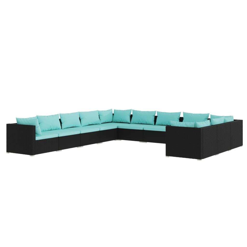 11-Piece Patio Lounge Set with Cushions - Durable Black Poly Rattan Outdoor Furniture - Weatherproof & Water-Resistant Modular Design for Easy Arrangement - Perfect for Backyard, Poolside & Garden Relaxation