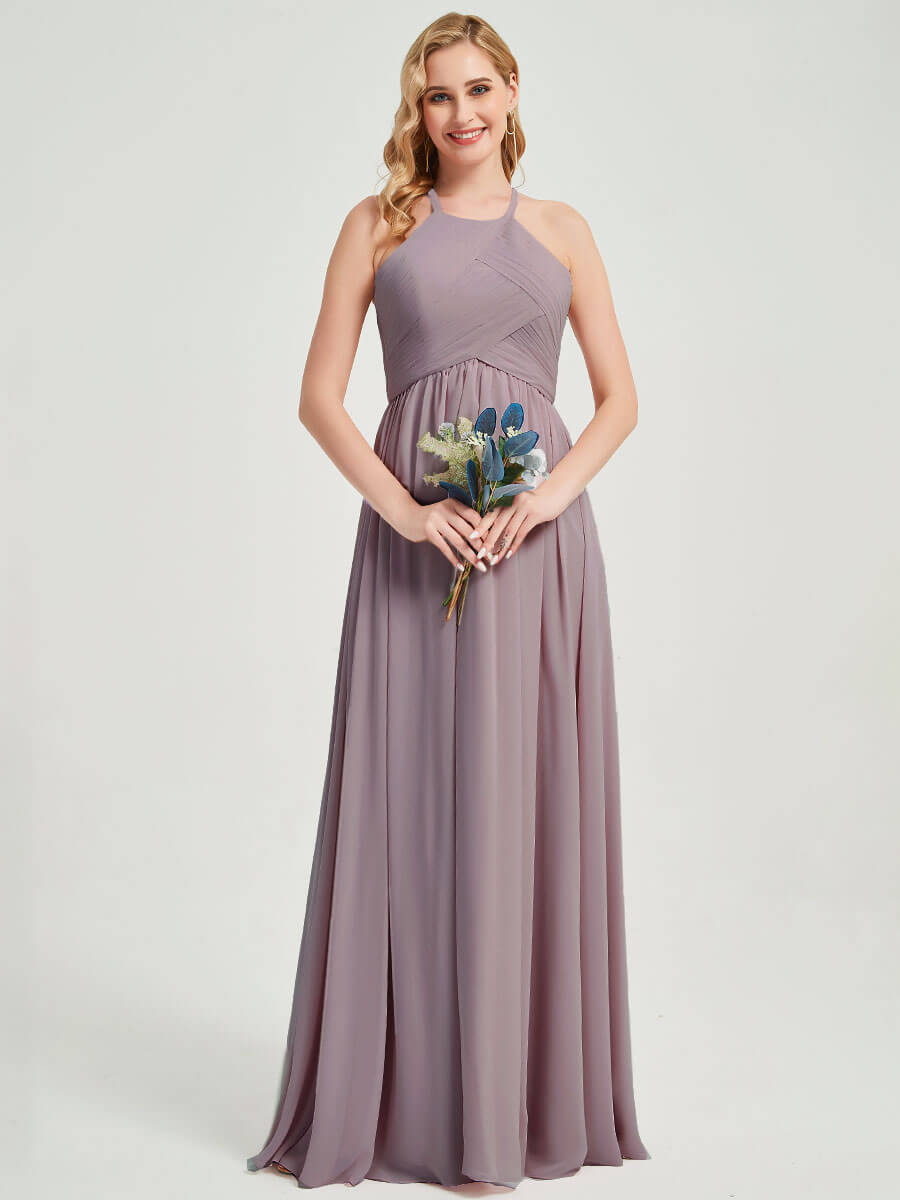 Elegant Dusk Halter Pleated Keyhole Back Chiffon Floor Length Bridesmaid Dress for Weddings & Formal Events - Perfect for Bridal Party, Evening Gala & Special Occasions